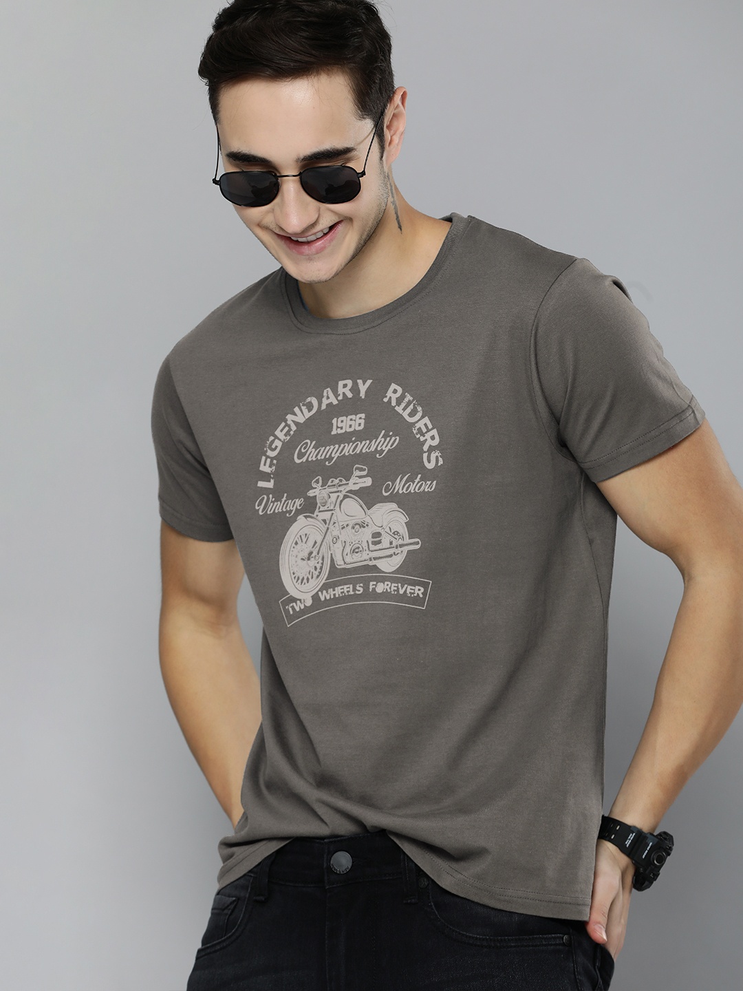 

HERE&NOW Men Charcoal Grey Biker Printed Pure Cotton T-shirt