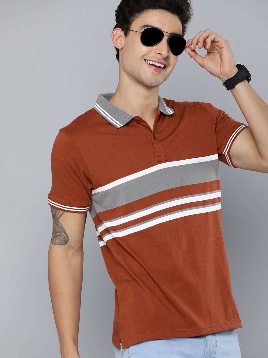 

HERE&NOW Men Rust Orange & Grey Striped Polo Collar T-shirt