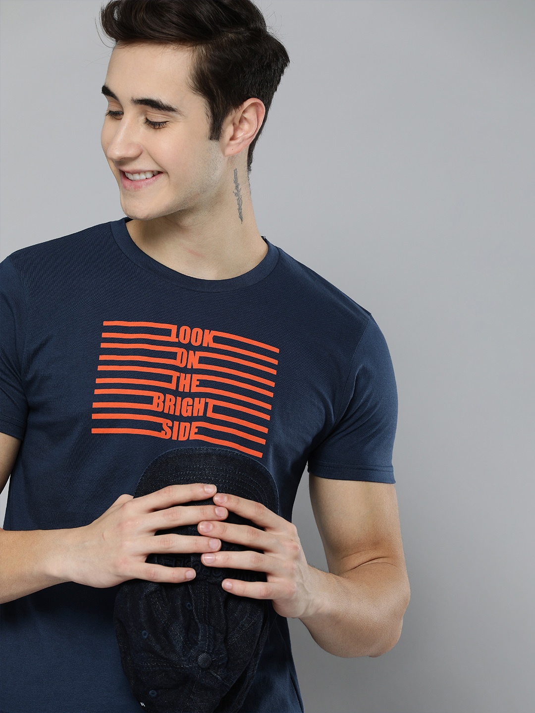 

HERE&NOW Men Navy Blue Typography Printed T-shirt