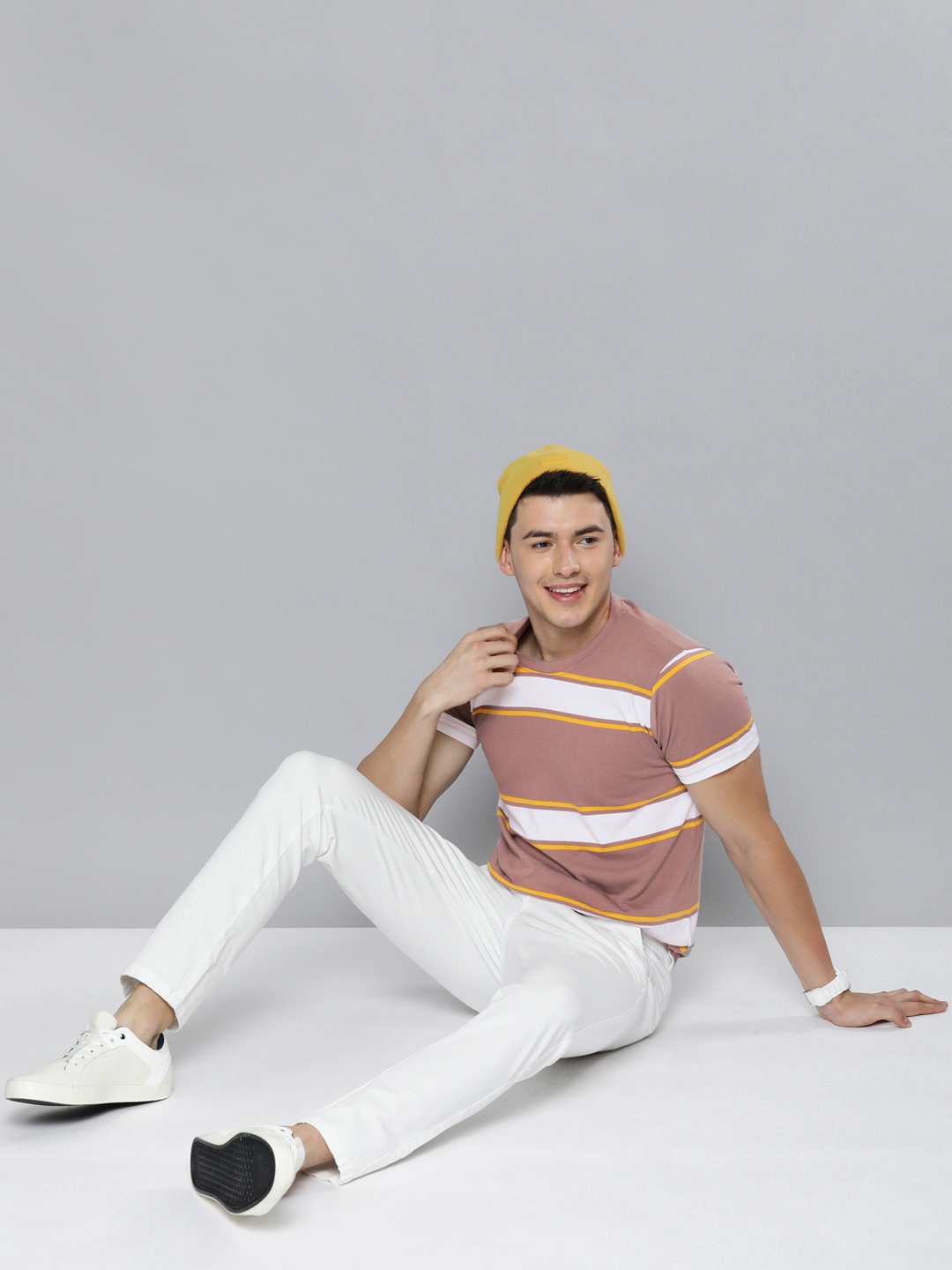 

HERE&NOW Men Brown & Yellow Striped Pure Cotton T-shirt