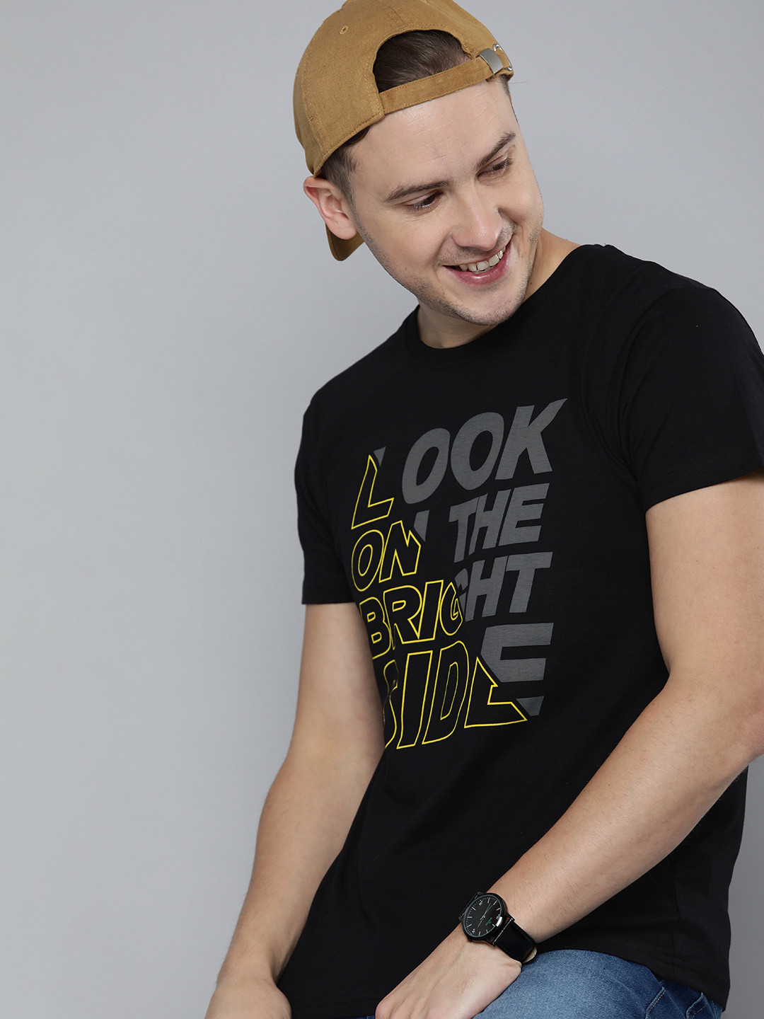 

HERE&NOW Men Black Typography Printed Pure Cotton T-shirt