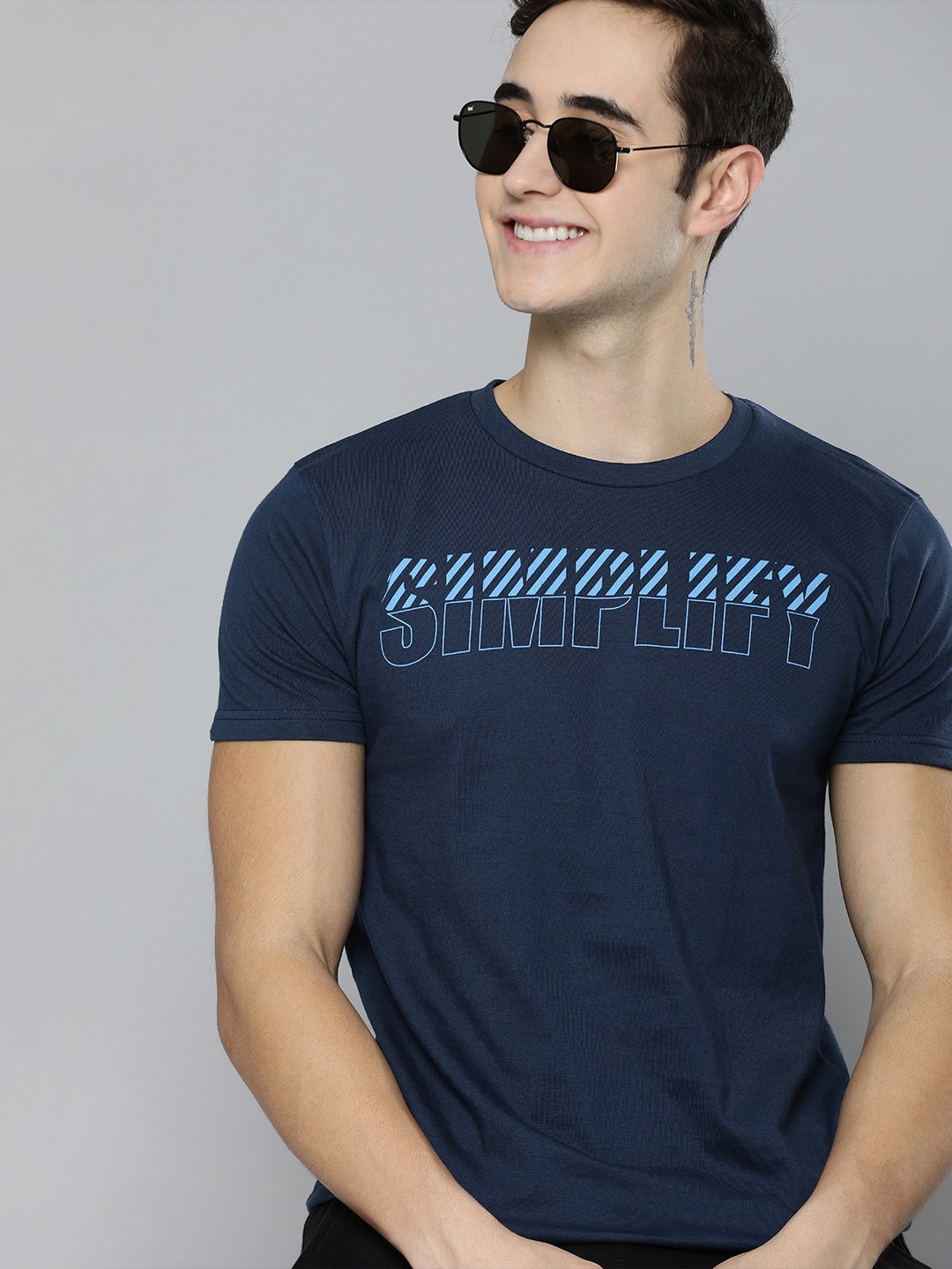 

HERE&NOW Men Navy Blue Typography Printed T-shirt