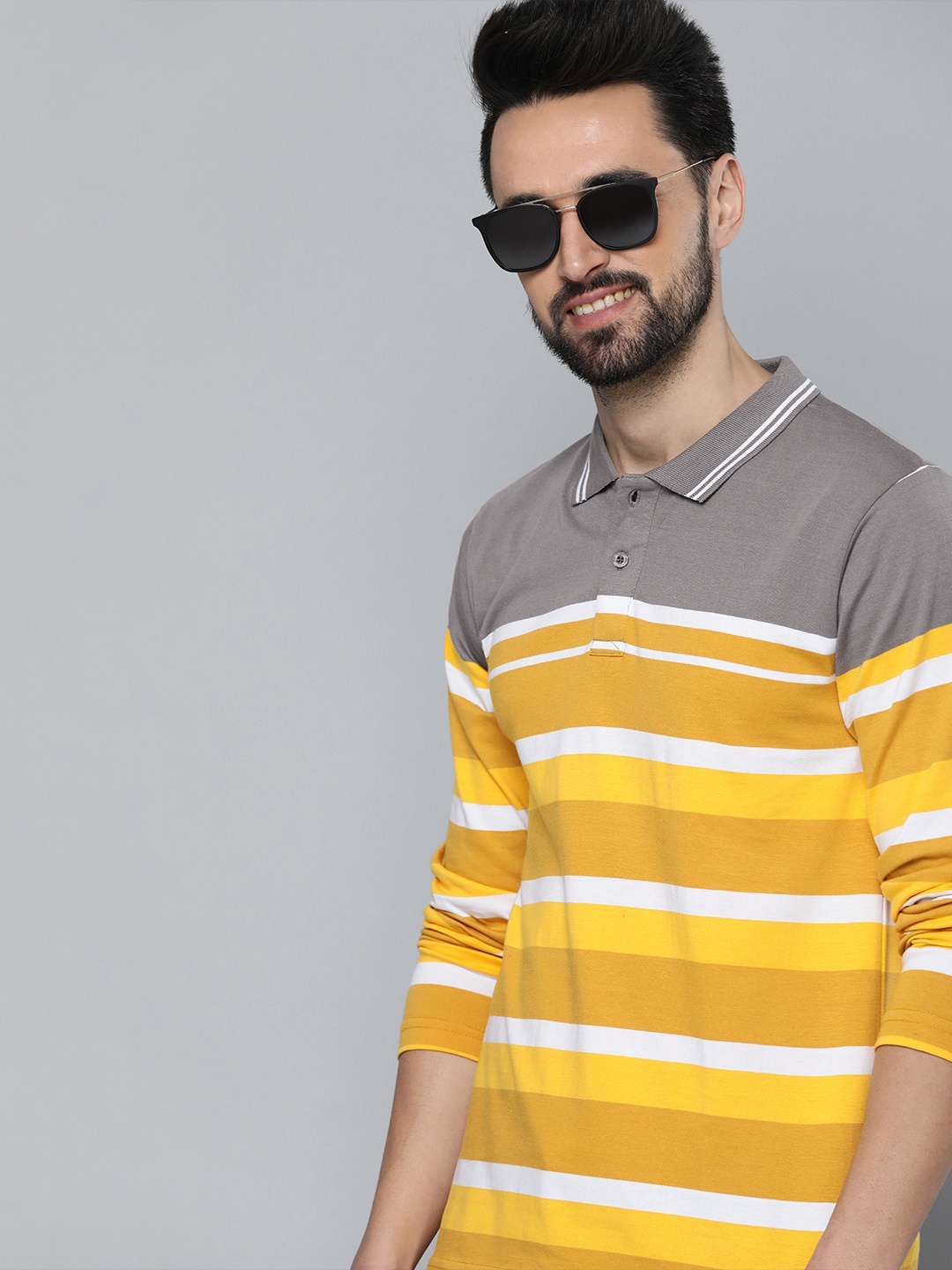 

HERE&NOW Men Mustard Yellow & Grey Striped Polo Collar T-shirt