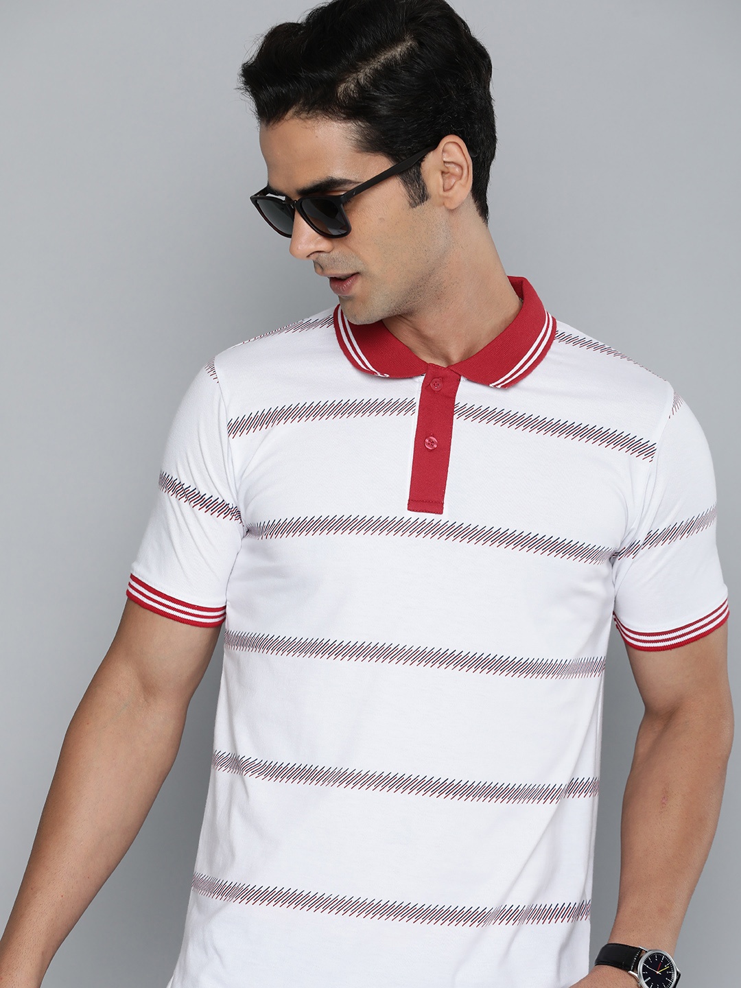 

HERE&NOW Men White & Red Striped Polo Collar T-shirt