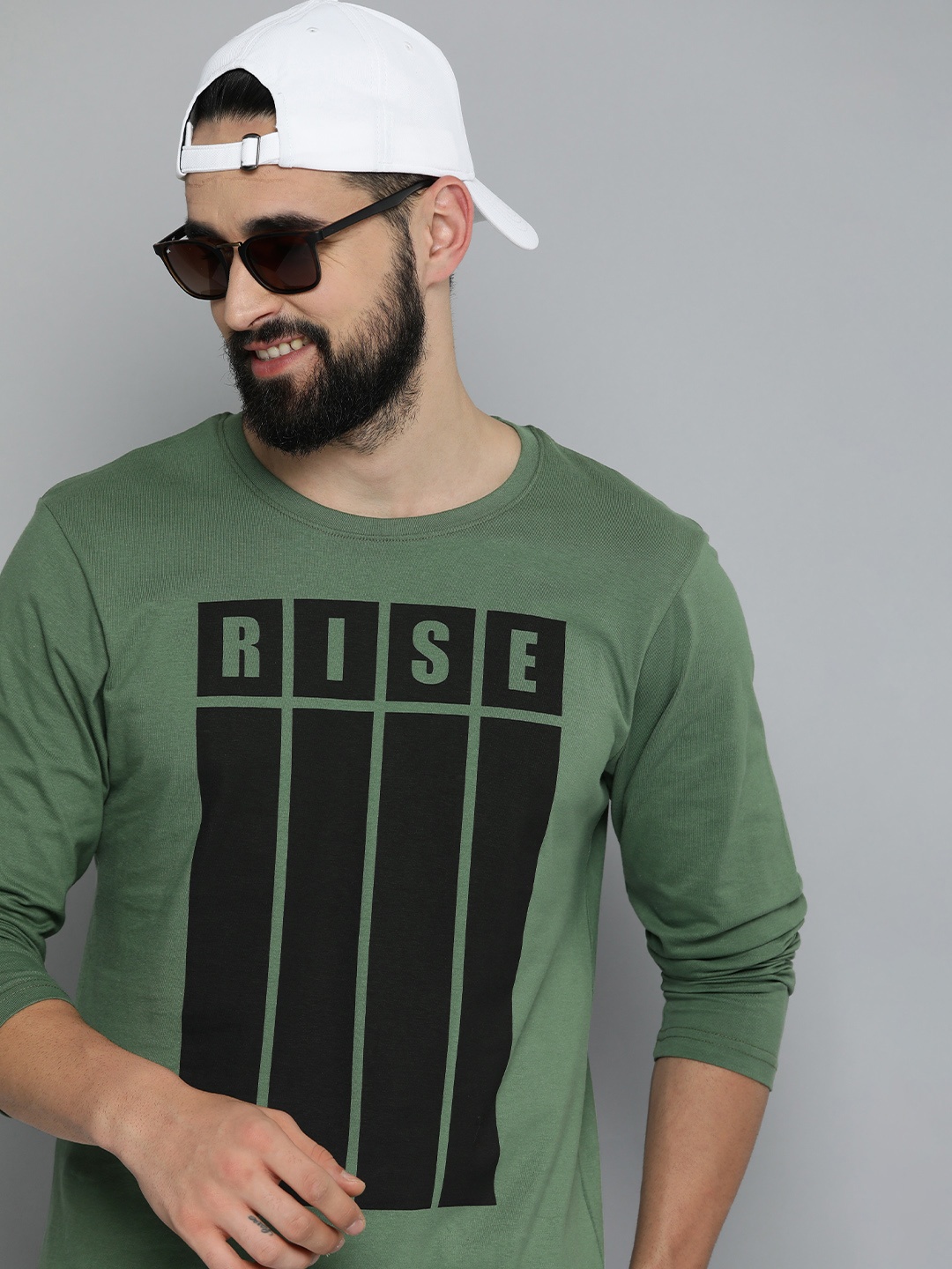 HERE&NOW Men Pure Cotton Printed T-shirt, Olive