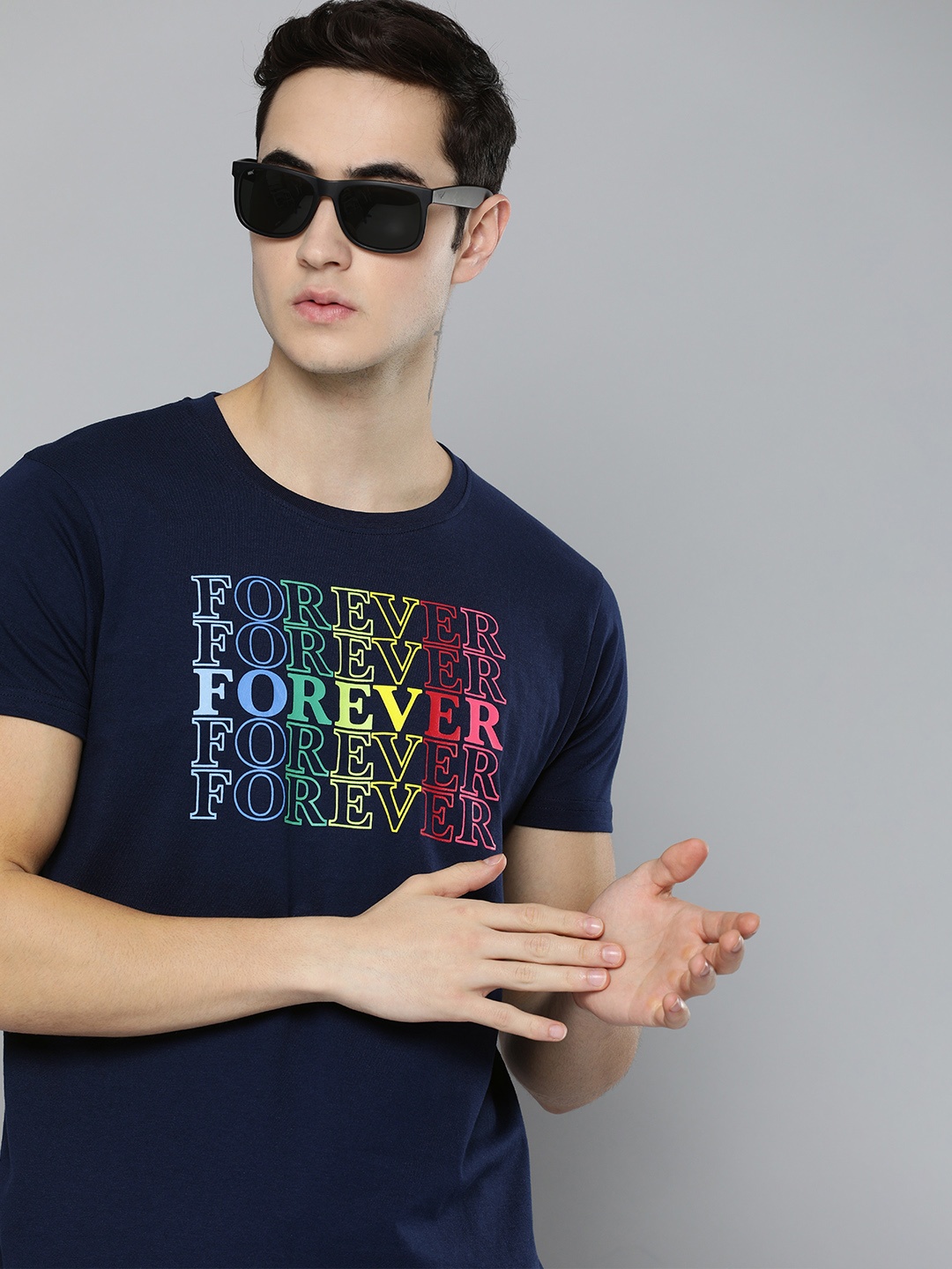 

HERE&NOW Men Navy Blue Typography Printed Pure Cotton T-shirt