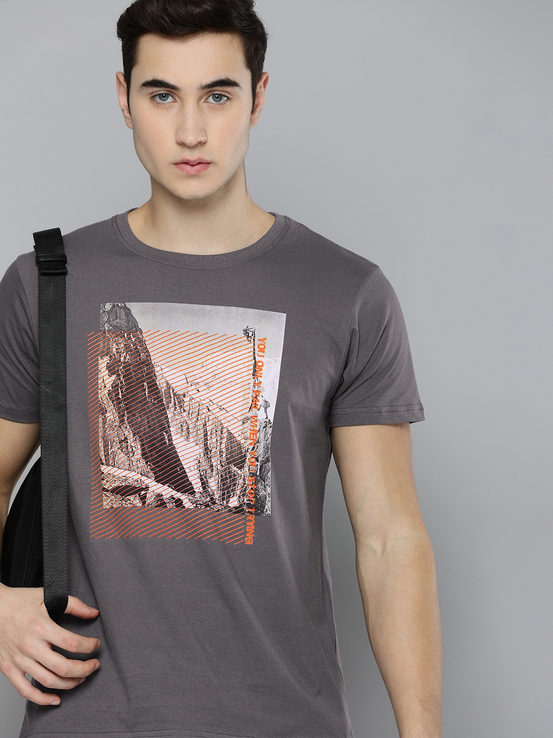 

HERE&NOW Men Grey Printed Pure Cotton T-shirt