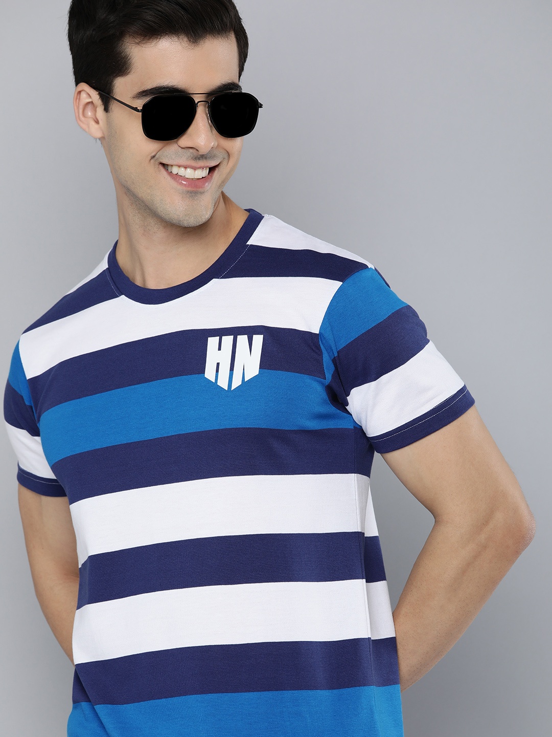 

HERE&NOW Men Navy Blue & White Striped T-shirt