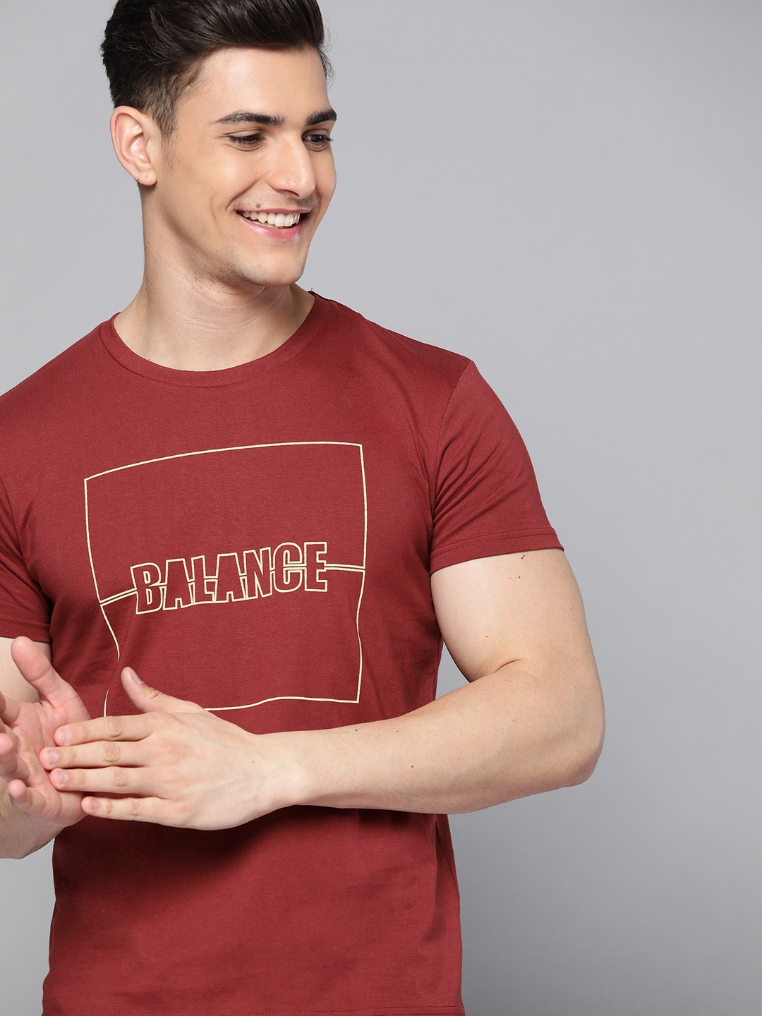 HERE&NOW Men Maroon & Whit Typography Printed Pure Cotton T-shirt