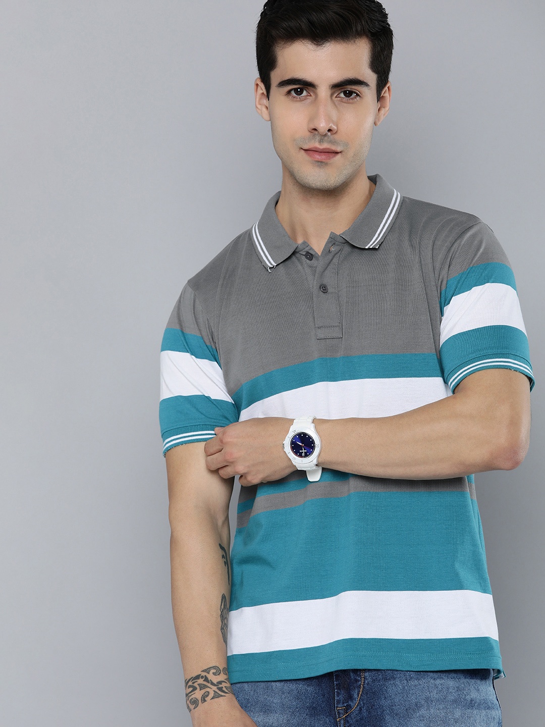 

HERE&NOW Men Grey & Teal Blue Striped Polo Collar T-shirt