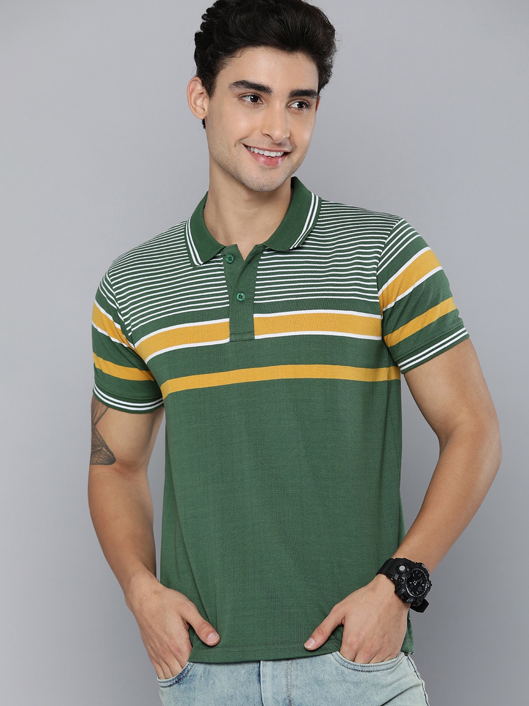 

HERE&NOW Men Green & Mustard Yellow Striped Polo Collar T-shirt