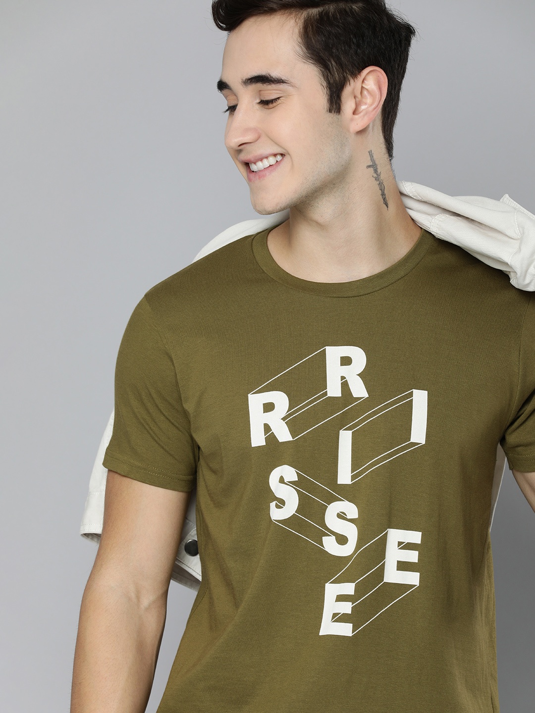 HERE&NOW Men Olive Green Typography Printed T-shirt