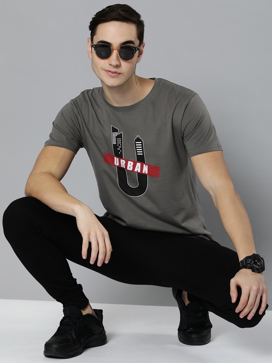 

HERE&NOW Men Grey & Black Typography Printed Pure Cotton T-shirt