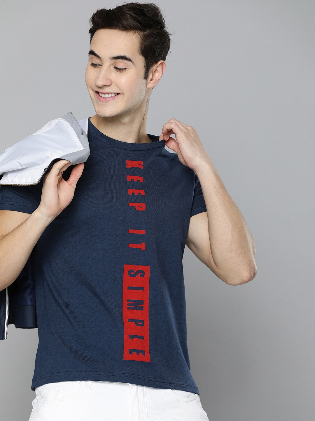 

HERE&NOW Men Navy Blue Typography Printed T-shirt