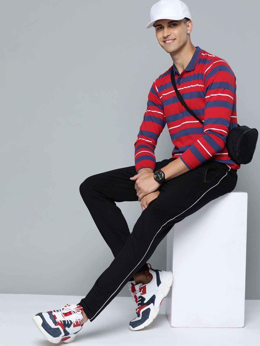 

HERE&NOW Men Red & Navy Blue Striped Polo Collar T-shirt