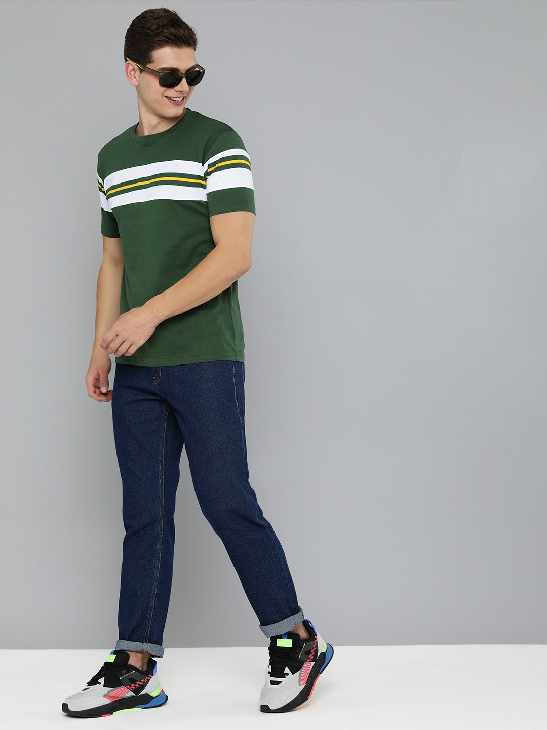 

HERE&NOW Men Green & White Striped Pure Cotton T-shirt