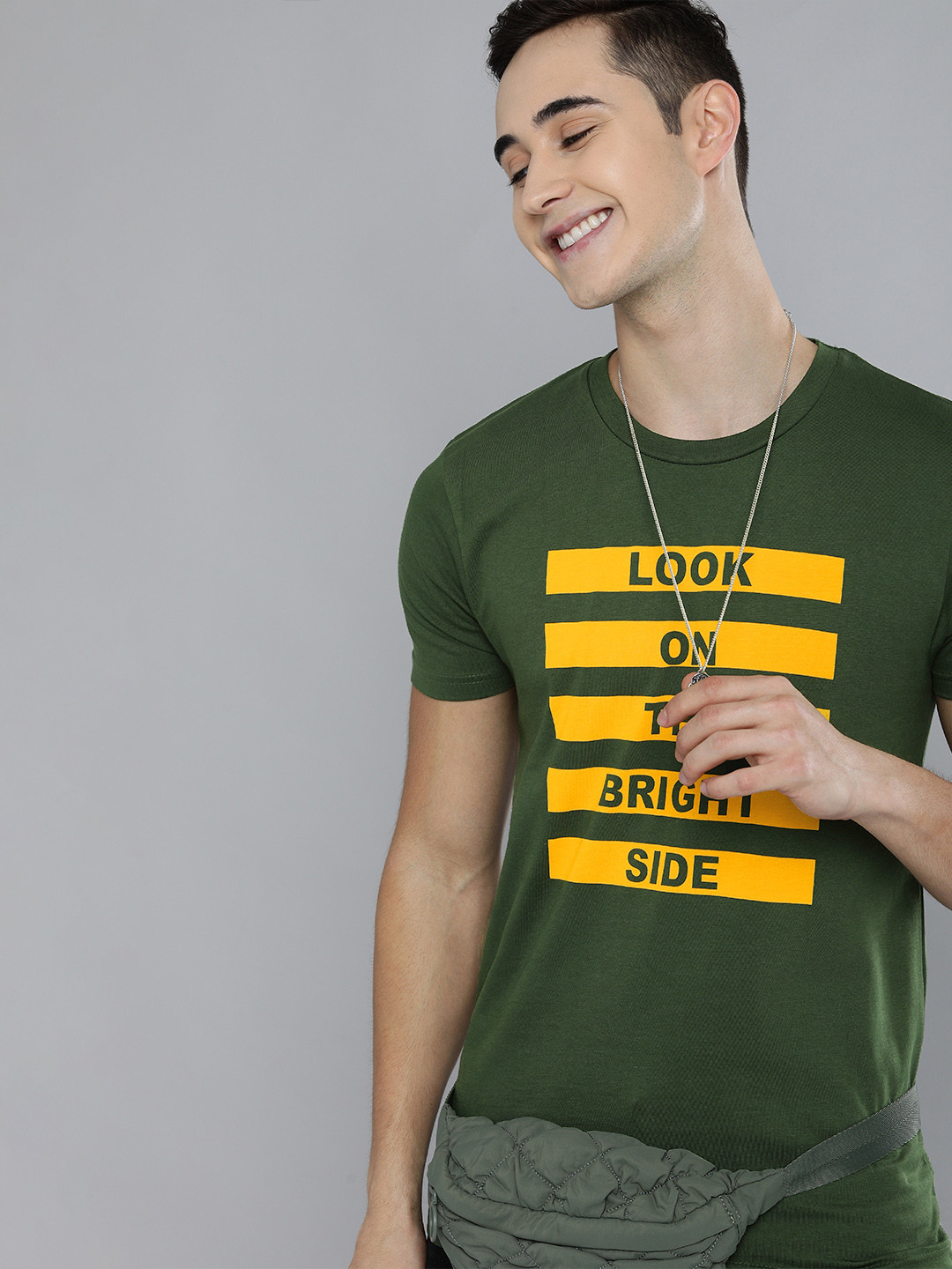 

HERE&NOW Men Green & Mustard Yellow Printed T-shirt