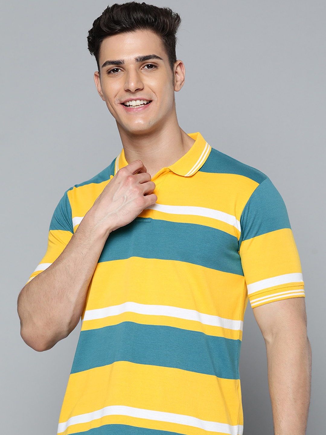 

HERE&NOW Men Mustard Yellow & Teal Blue Striped Polo Collar T-shirt