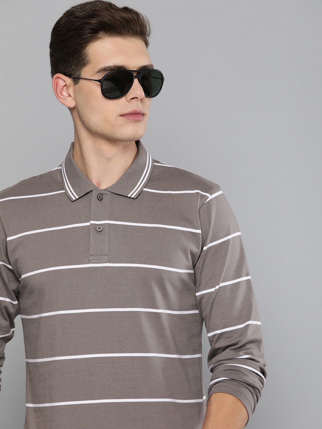 

HERE&NOW Men Grey & White Striped Polo Collar T-shirt