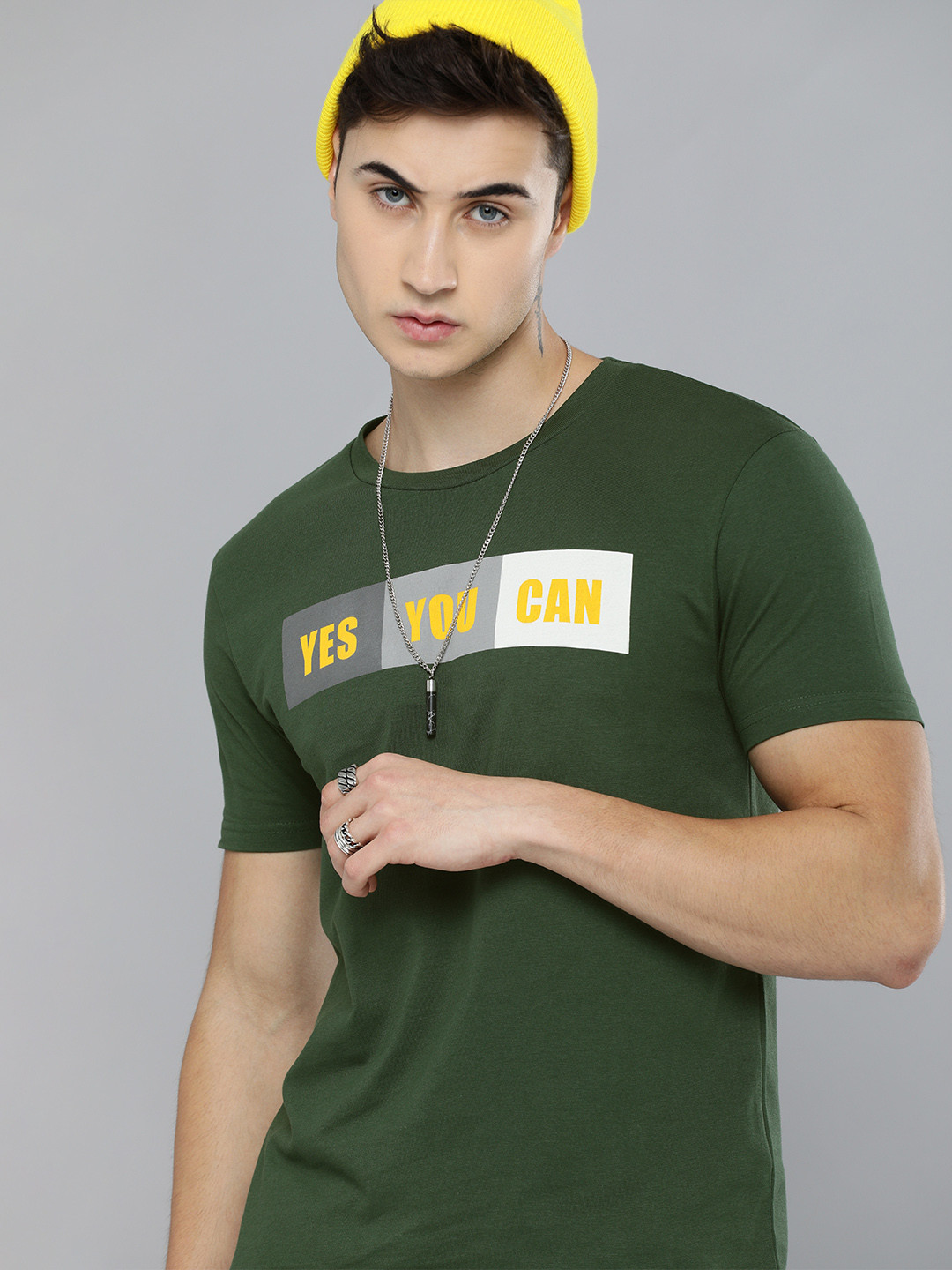 

HERE&NOW Men Green & Yellow Printed T-shirt