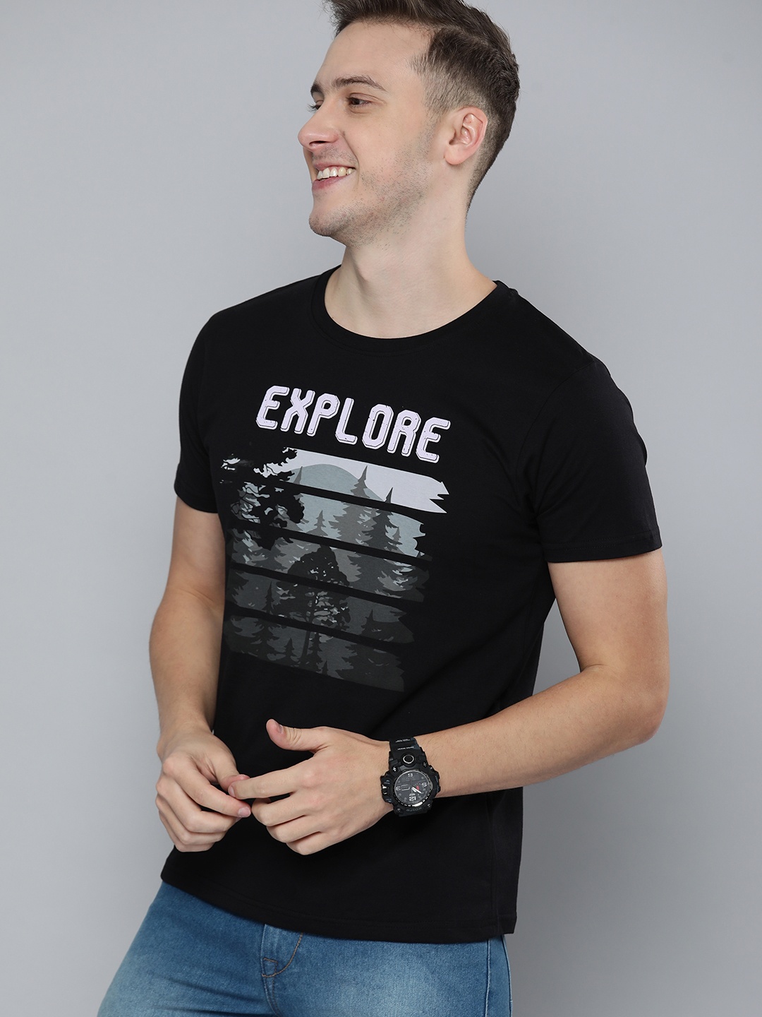 

HERE&NOW Men Black Typography Printed Pure Cotton T-shirt