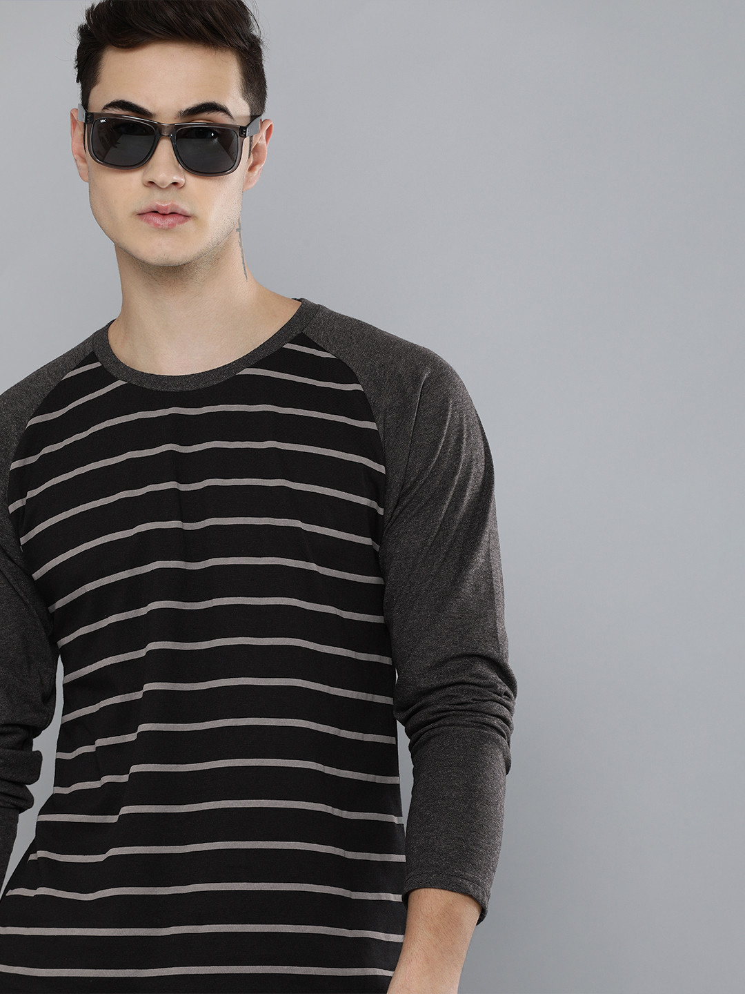 

HERE&NOW Men Black & Grey Striped Casual T-shirt