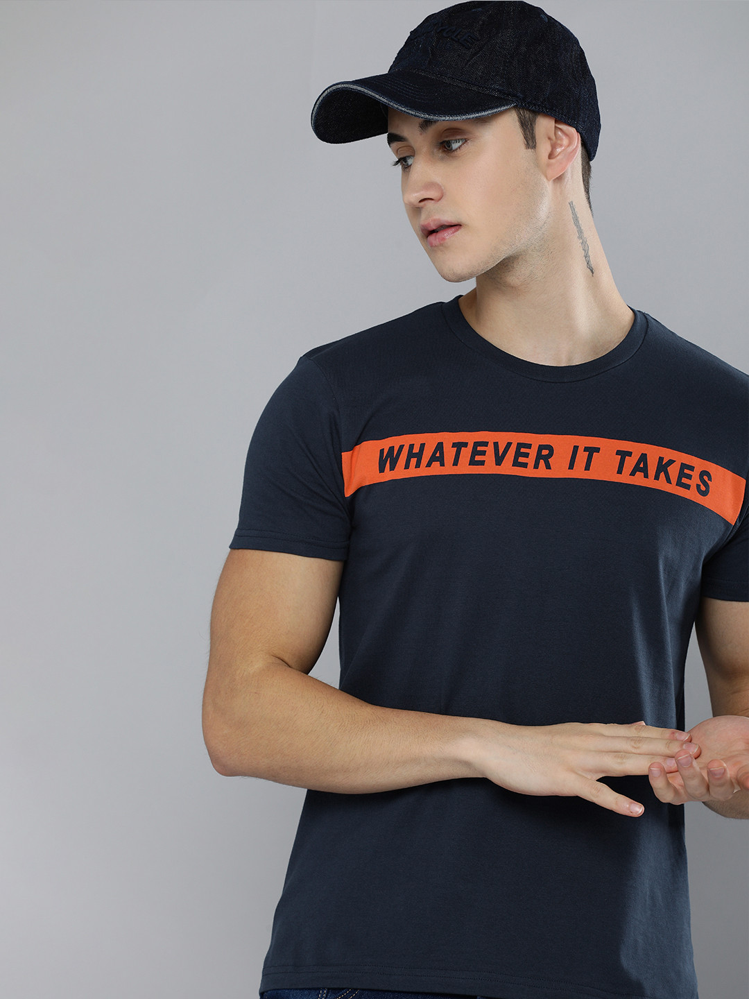 

HERE&NOW Men Navy Blue Typography Colourblocked Casual T-shirt
