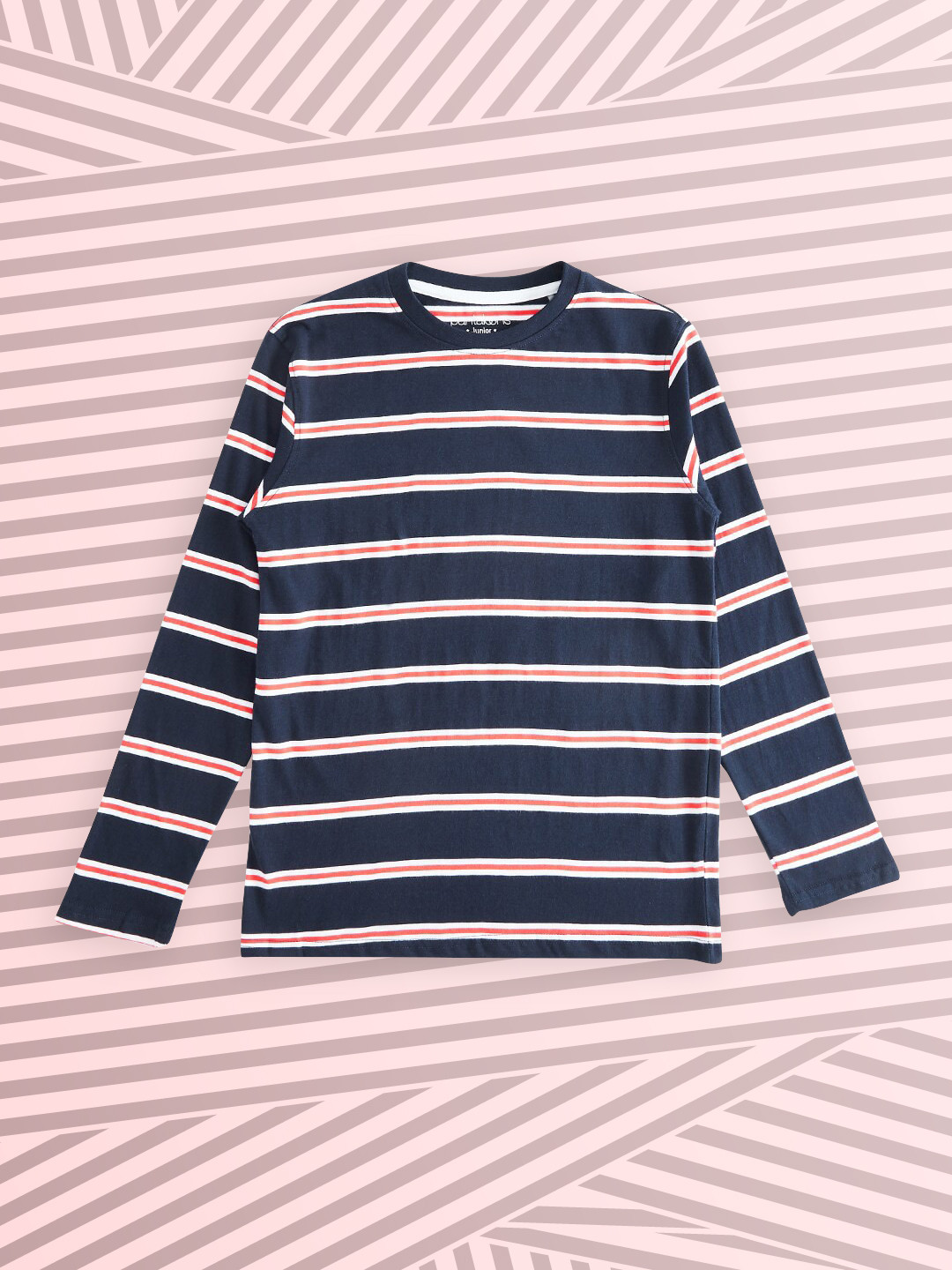 

Pantaloons Junior Boys Navy Blue & Pink Striped Pure Cotton T-shirt