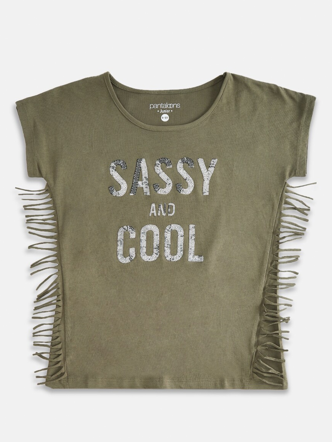 

Pantaloons Junior Girls Olive Green Typography Printed Extended Sleeves T-shirt