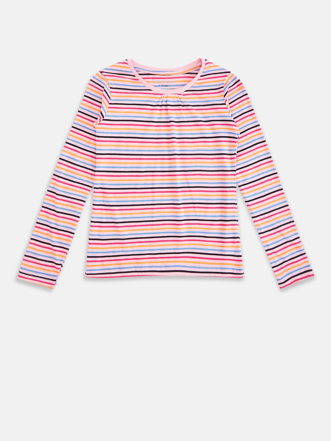 

Pantaloons Junior Girls Pink Striped Henley Neck Pockets T-shirt