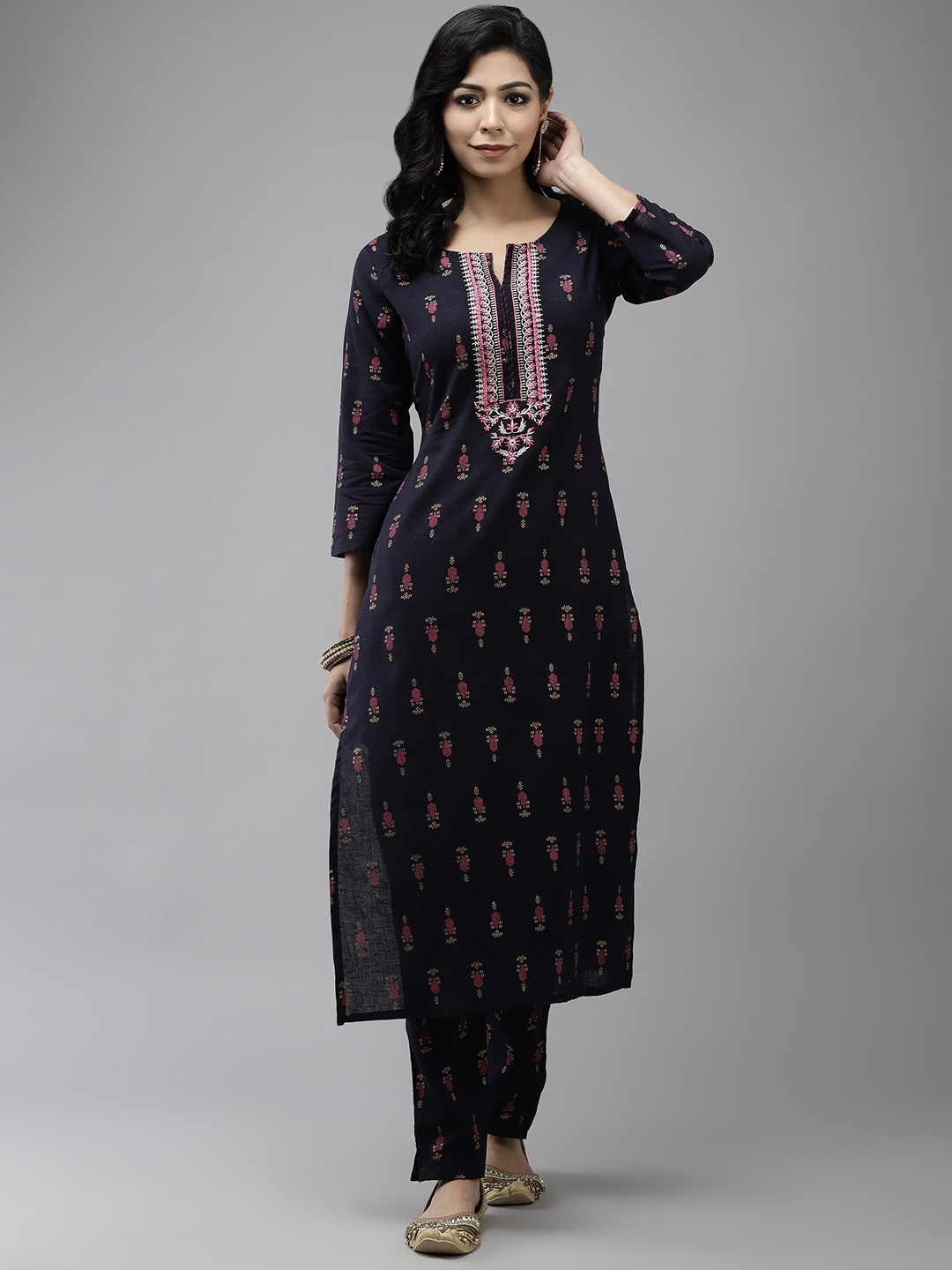 

Yufta Women Navy Blue & Pink Printed Thread Work Kurta with Trousers