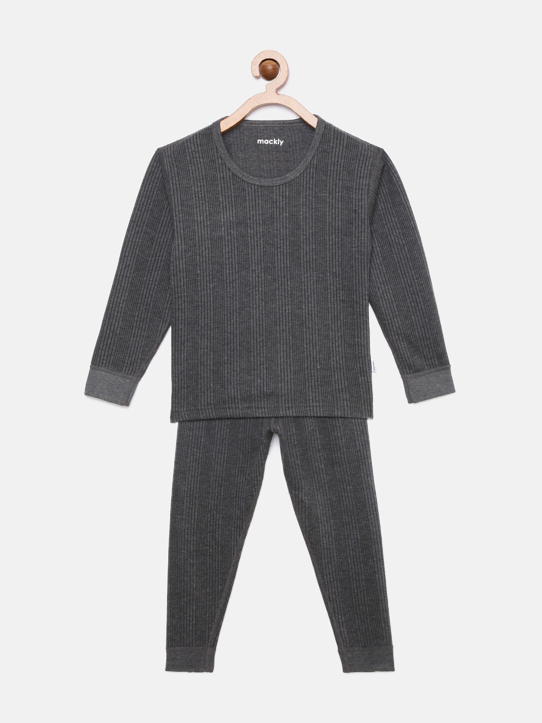 

mackly Kids Grey Striped Ribbed Thermal Set