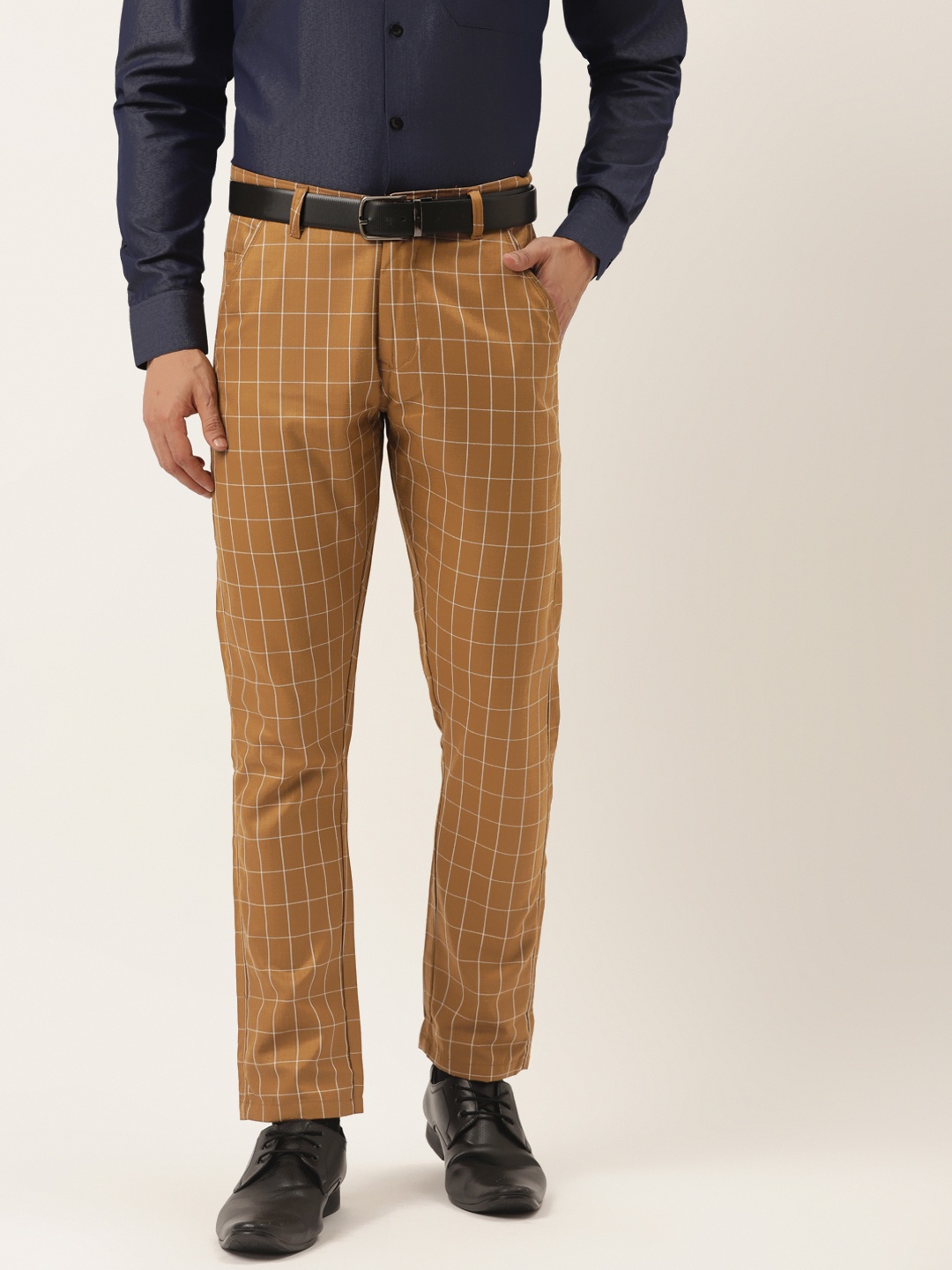 

JAINISH Men Brown Checked Pure Cotton Smart Tapered Fit Easy Wash Trousers