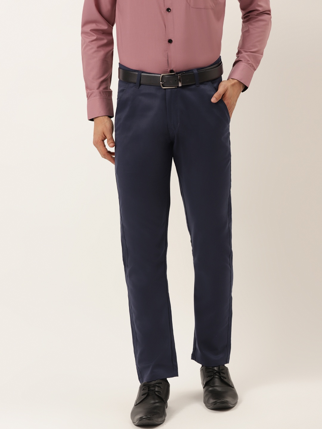 

JAINISH Men Navy Blue Solid Pure Cotton Smart Tapered Fit Easy Wash Trousers