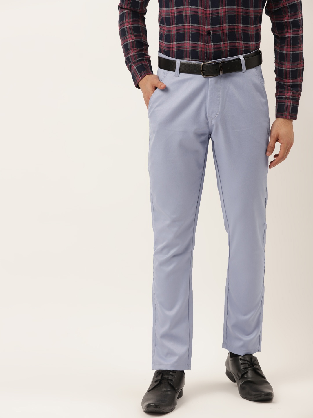 

JAINISH Men Blue Solid Pure Cotton Smart Tapered Fit Easy Wash Trousers