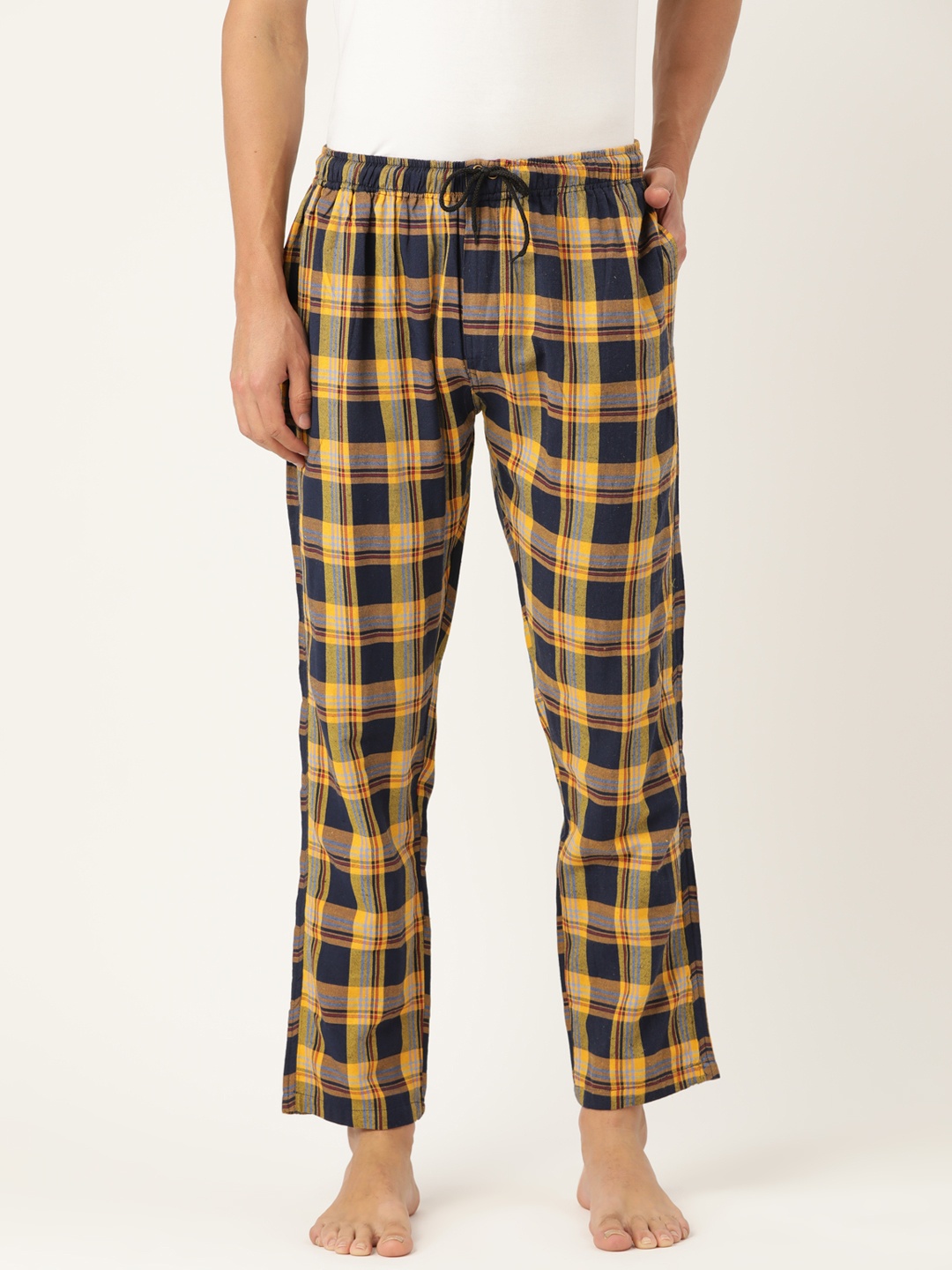 

JAINISH Men Yellow & Navy Blue Checked Cotton Lounge Pants