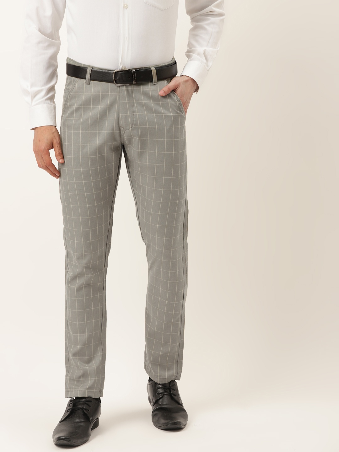 

JAINISH Men Taupe Checked Smart Tapered Fit Easy Wash Pure Cotton Trousers