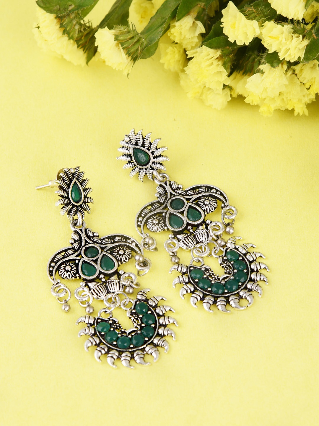 

FIROZA Silver-Toned & Green Classic Chandbalis Earrings