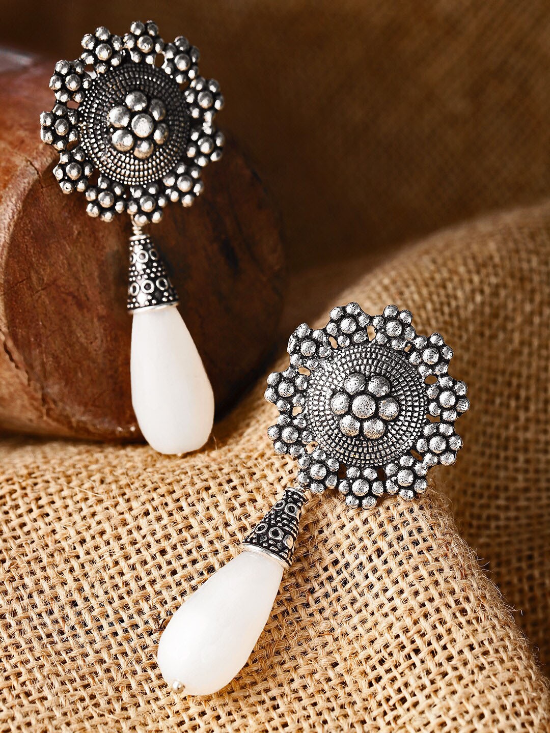

FIROZA Silver-Toned & White Tear Drop Earrings