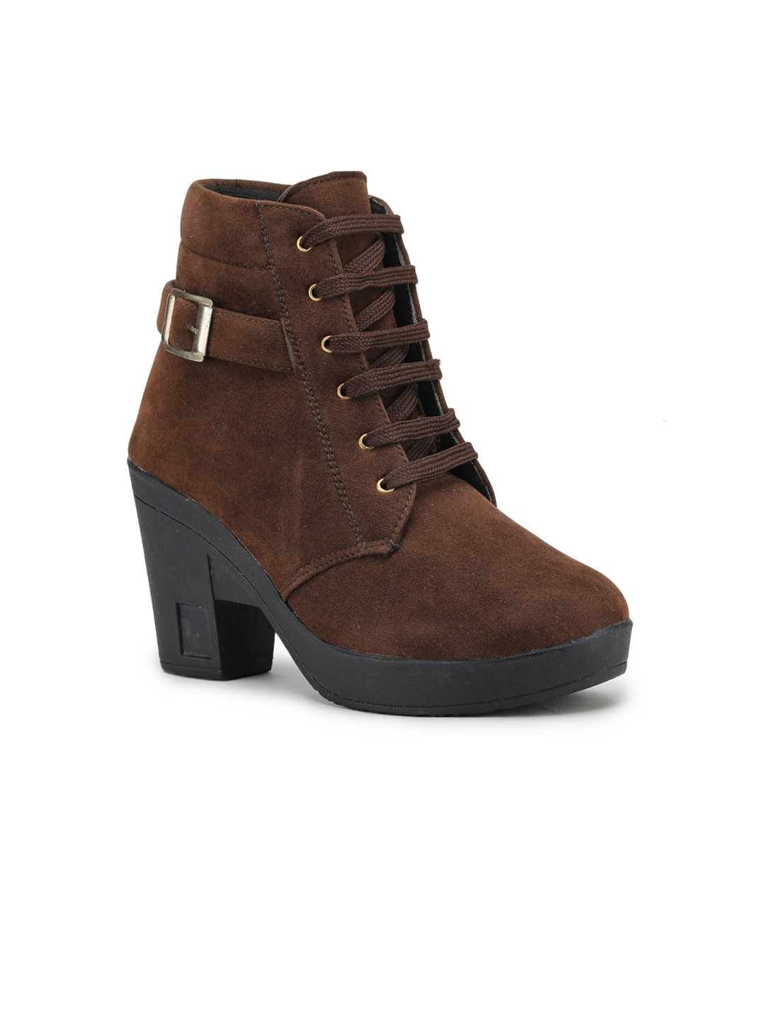 

SAPATOS Brown Velvet High-Top Block Heeled Boots with Buckles