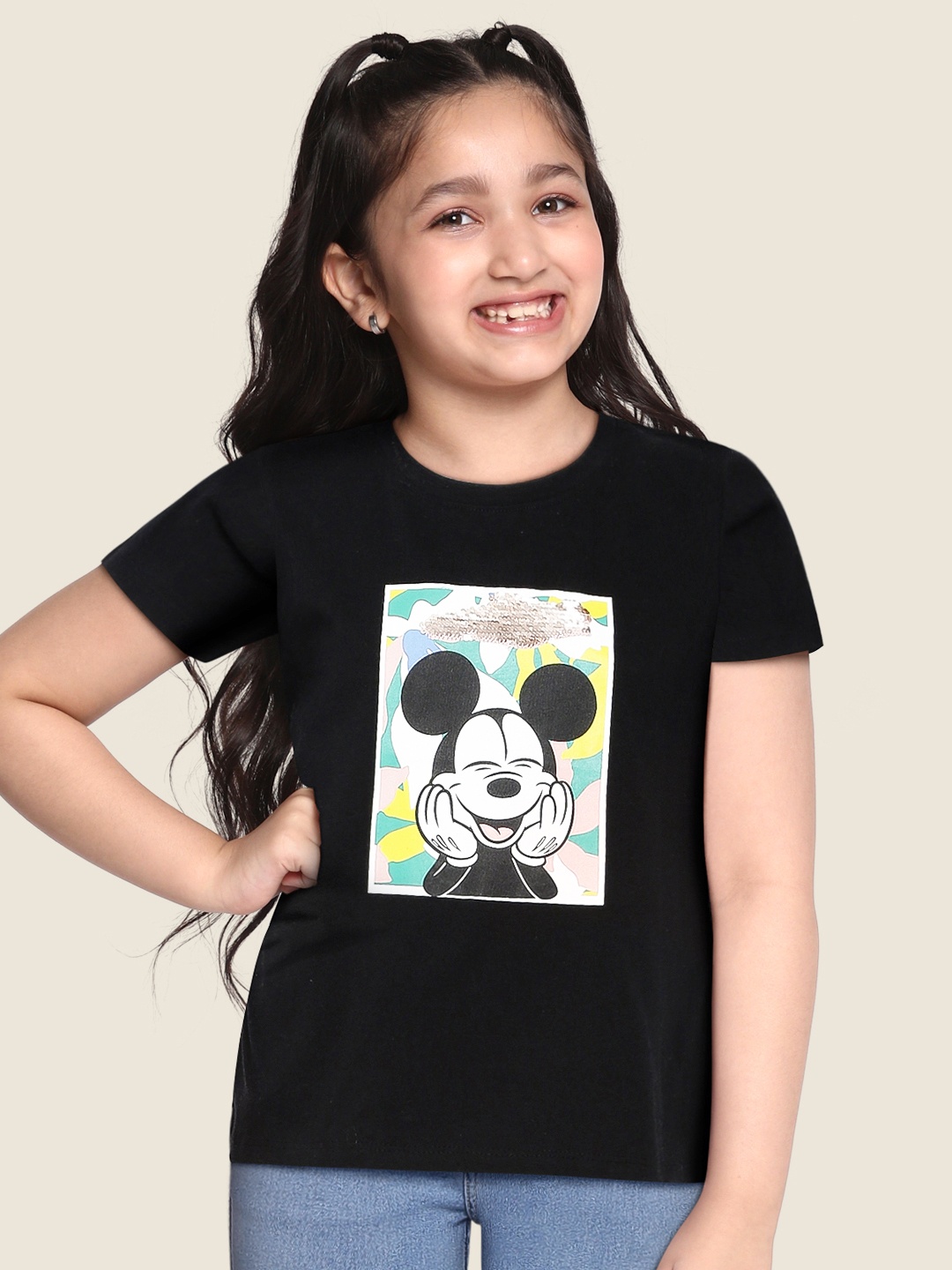 

AND Girls Black Mickey Mouse Printed & Sequined Pure Cotton Top