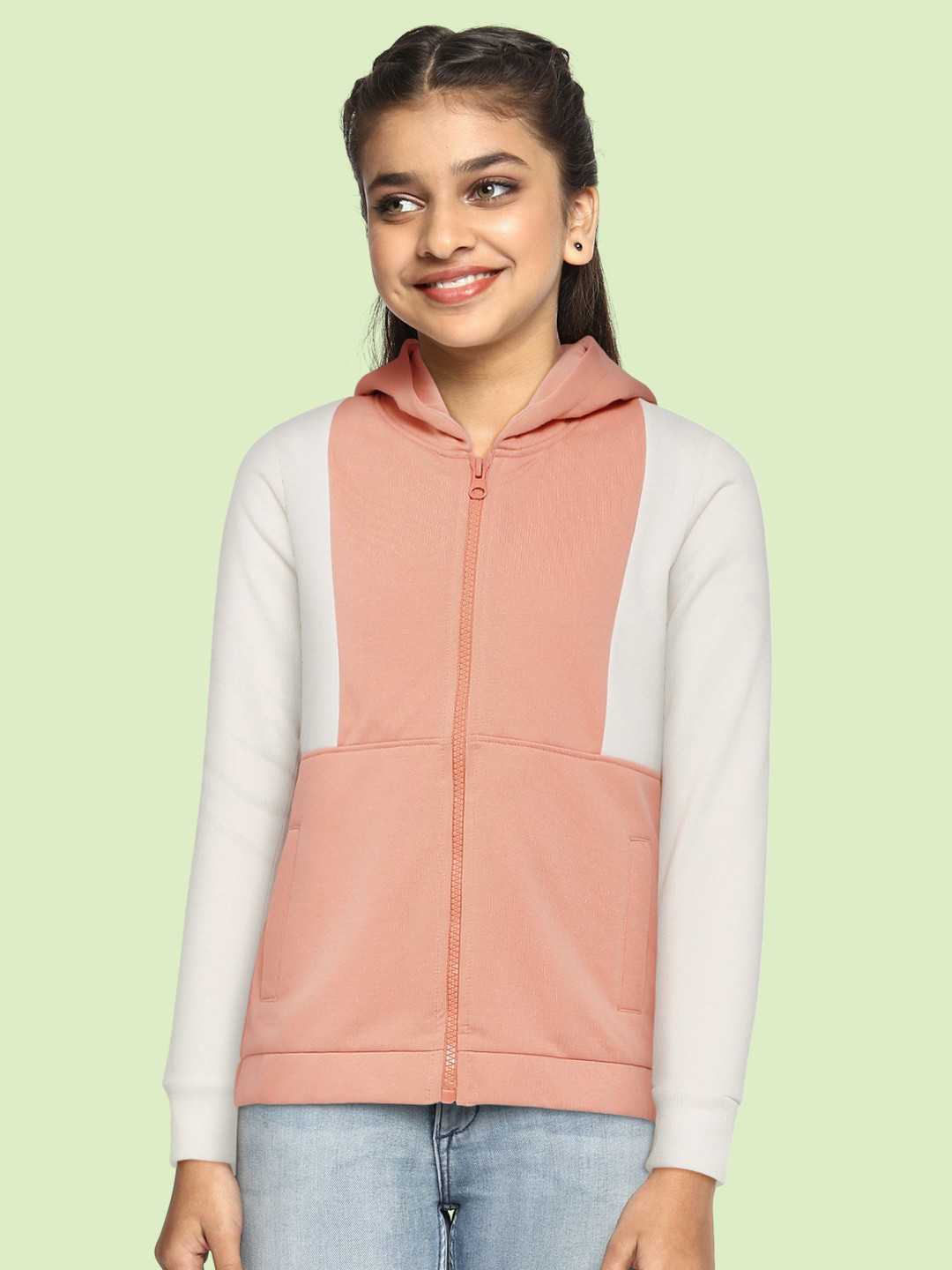 

AND Girls Peach Pink & Off White Solid Hooded Regular Sleeves Polyester Top with Pockets