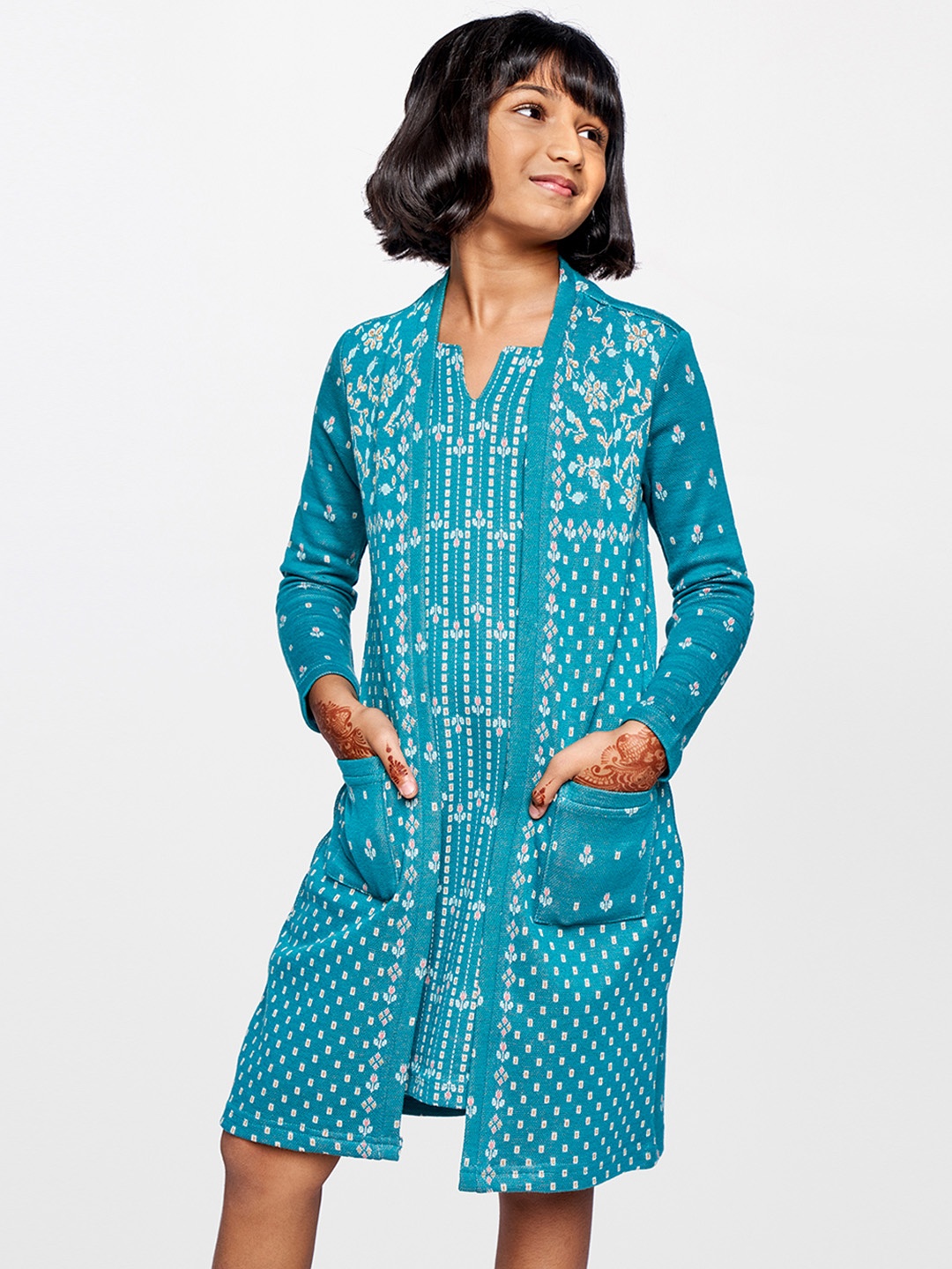 

Global Desi Girls Blue Printed Layered Sheath Dress
