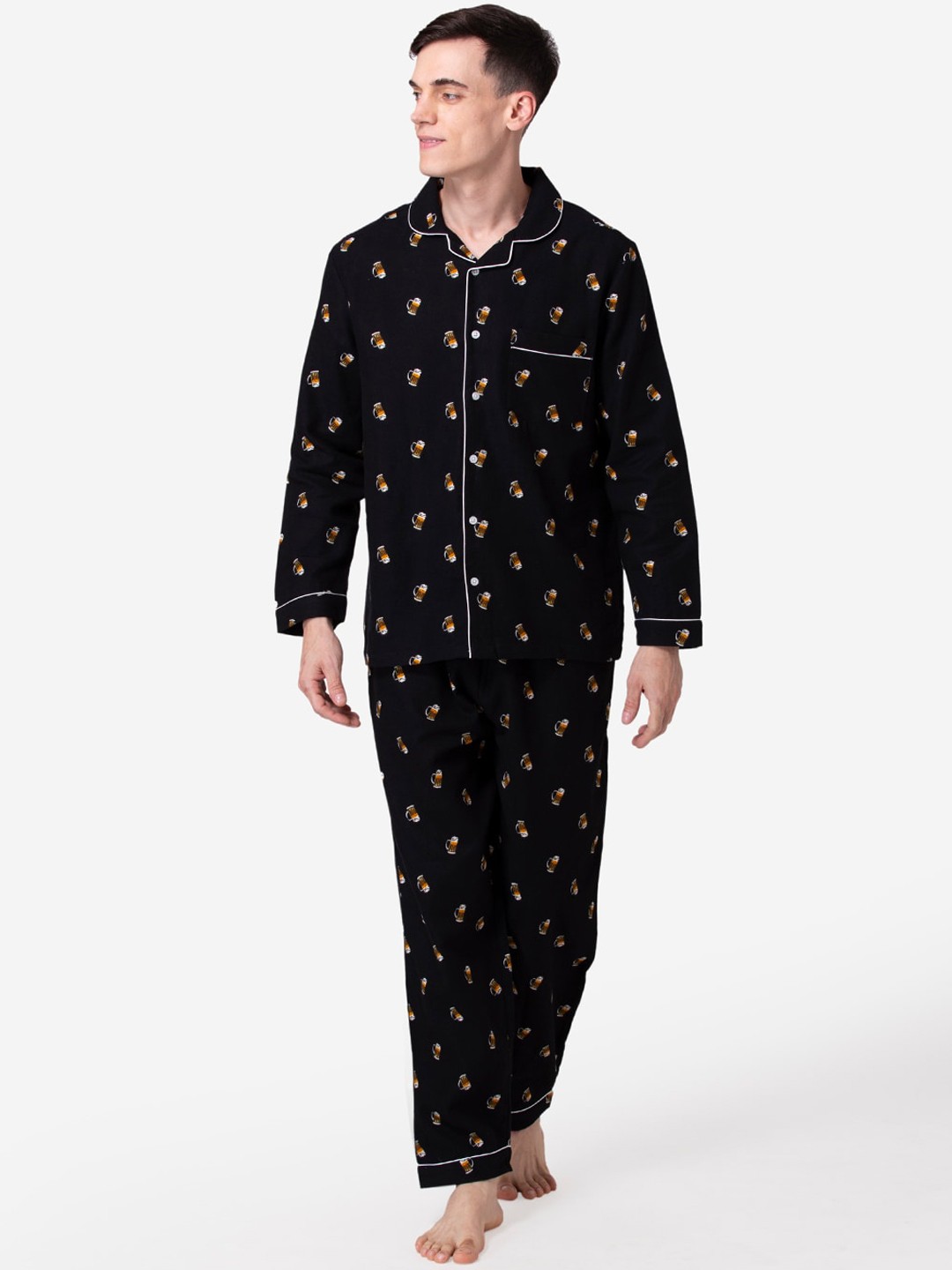 

Fluffalump Men Black & Brown Printed Pure Cotton Flannel Night suit