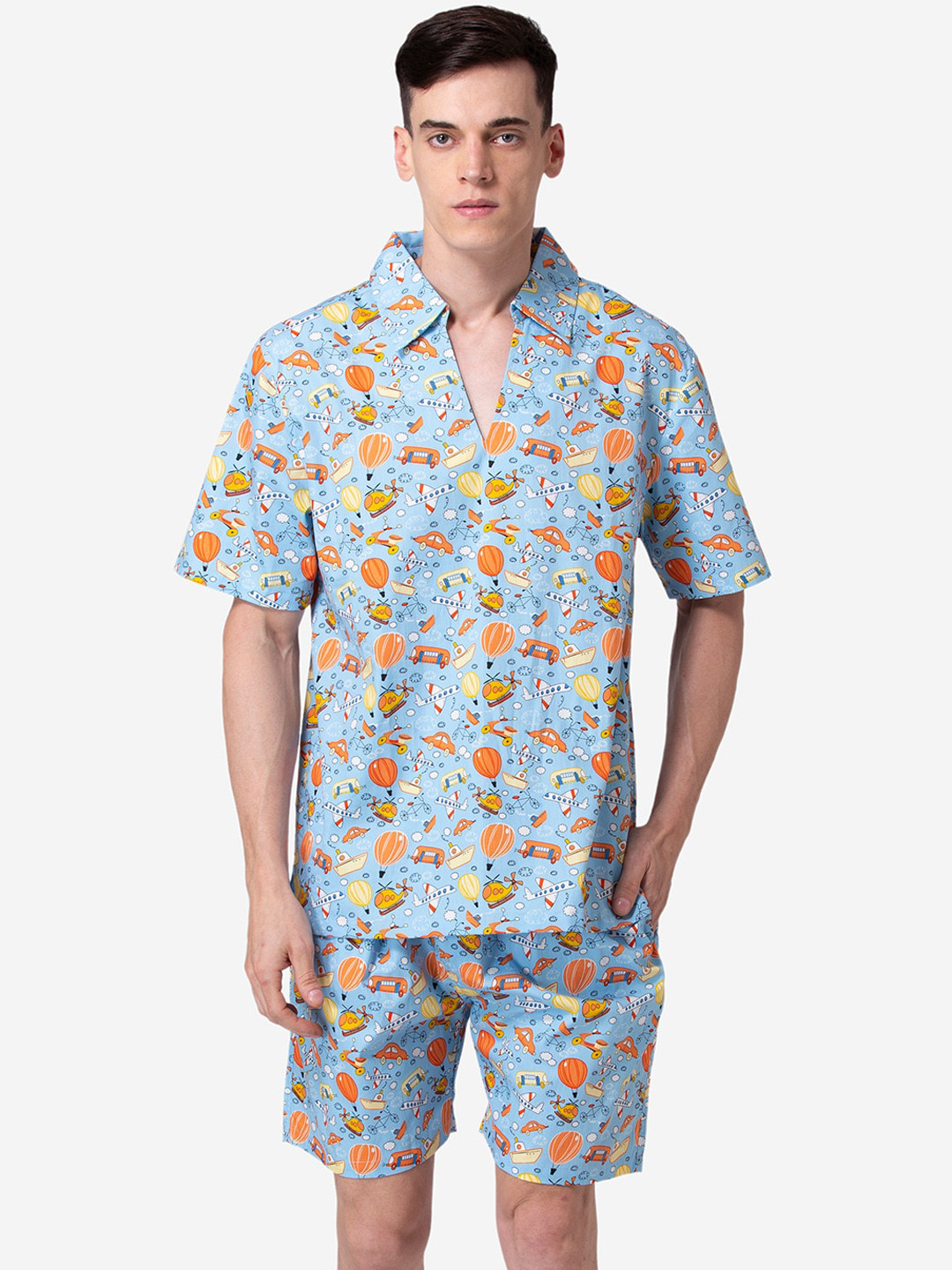 

Fluffalump Men Blue & Orange Printed Pure Cotton Night Suit