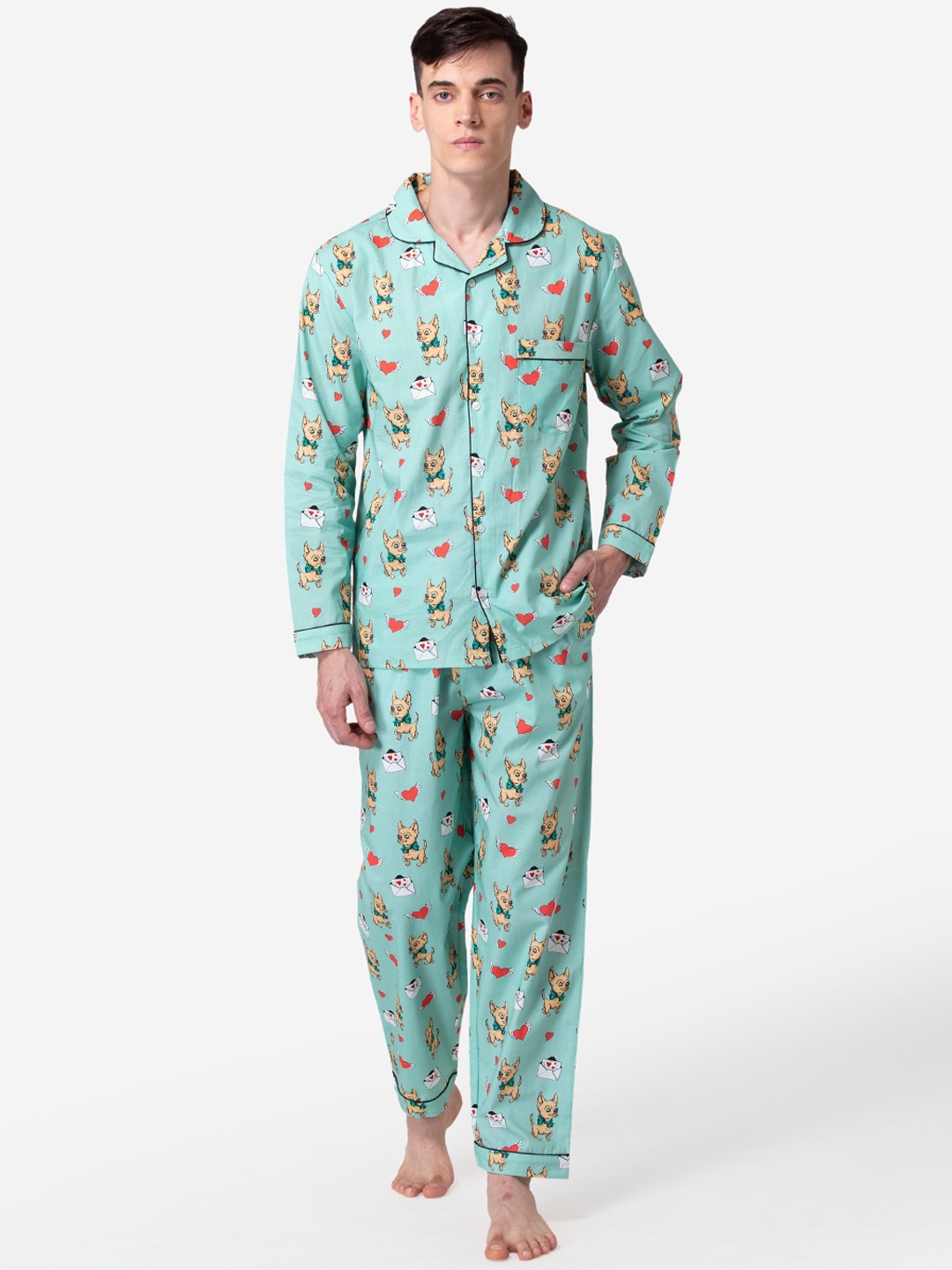 

Fluffalump Men Green & Brown Printed Notched Collar Night suit