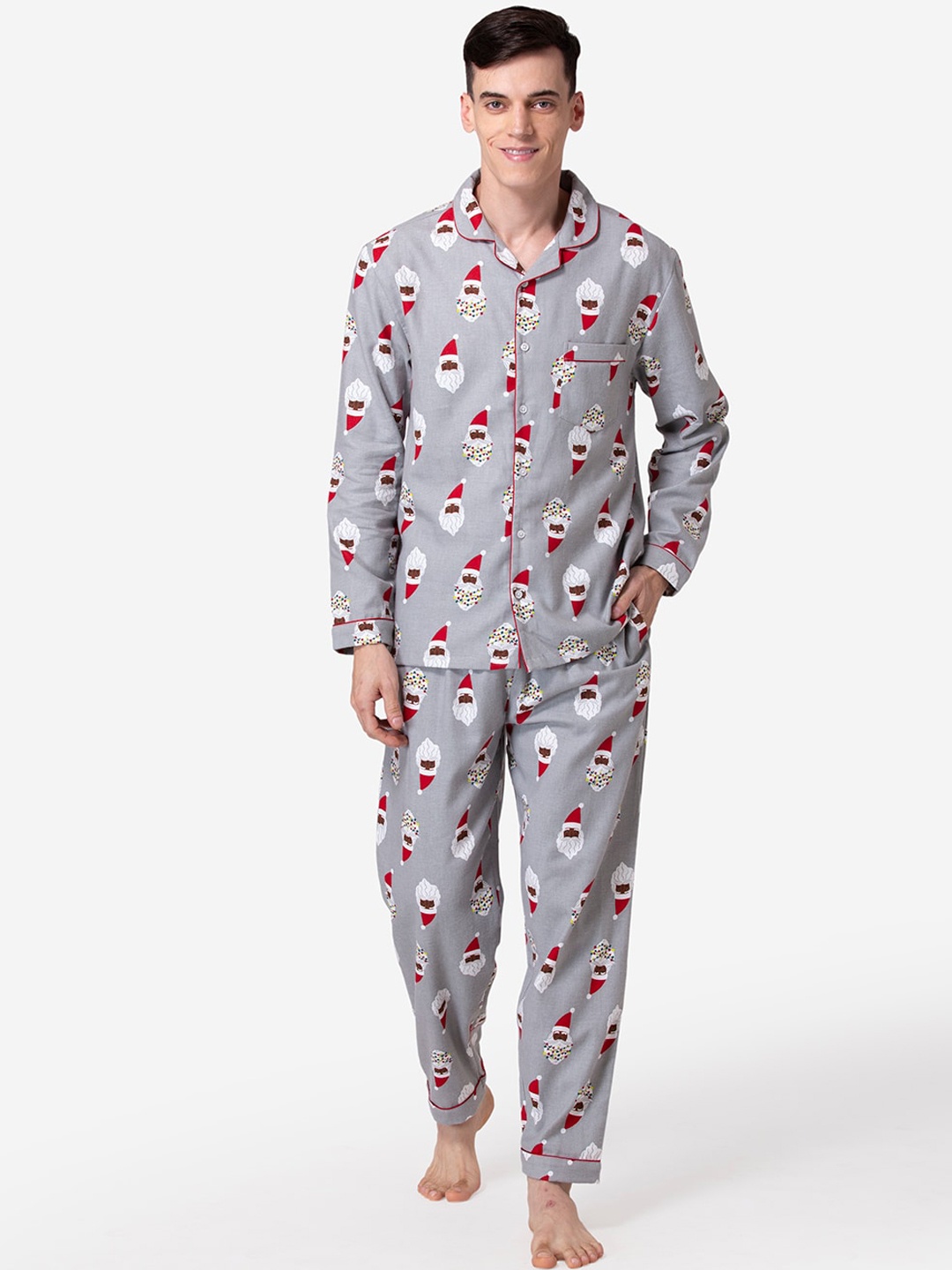 

Fluffalump Men Grey & Red Printed Flannel Night suit