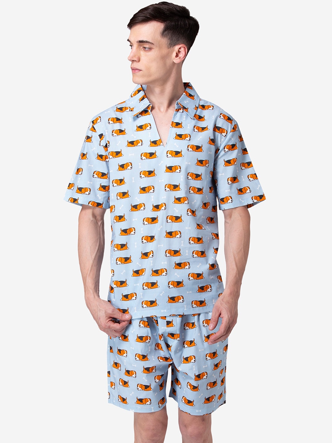 

Fluffalump Men Blue & Orange Printed Night suit