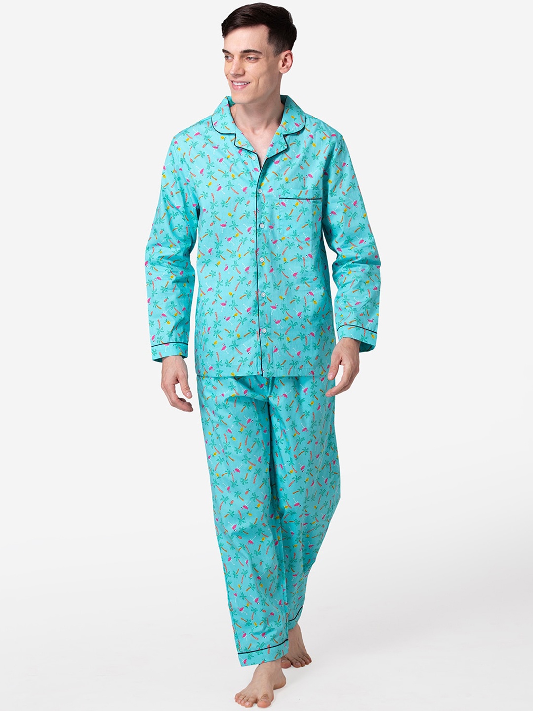 

Fluffalump Men Green & Pink Printed Night suit
