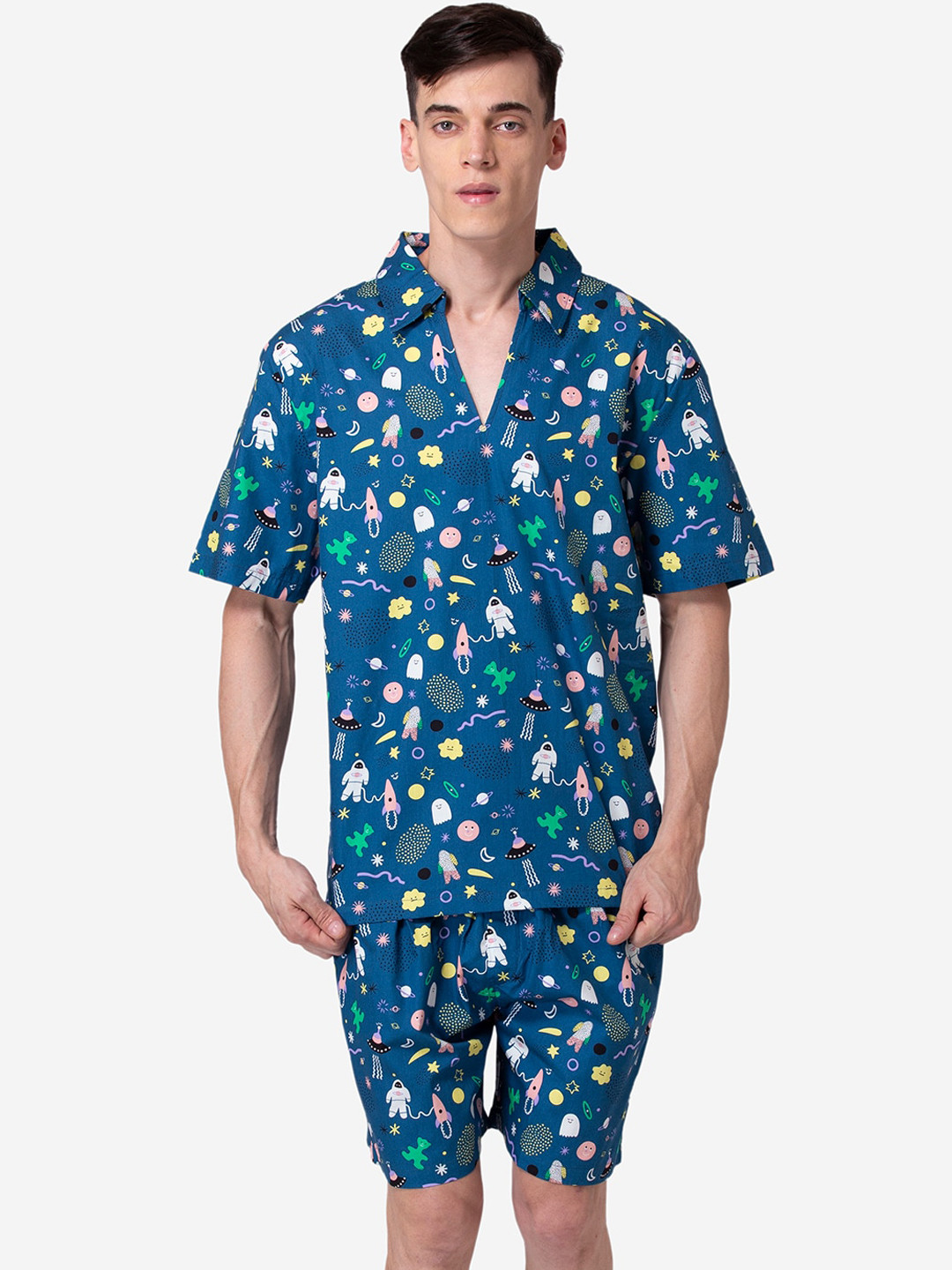 

Fluffalump Men Navy Blue & Pink Printed Pure Cotton Night suit